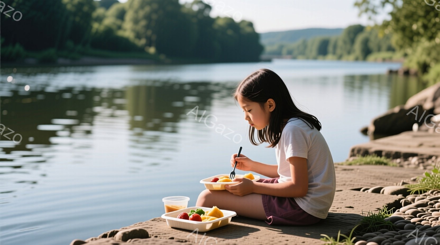 女の子は白いTシャツと紫色の短いズボンを着て、石でできた堤防の上に座って食事をしています。彼女はフォークを使って、お弁当箱に入ったフルーツを食べており、少しうつむき加減で集中した表情をしています。背景 - AI生成フリー素材