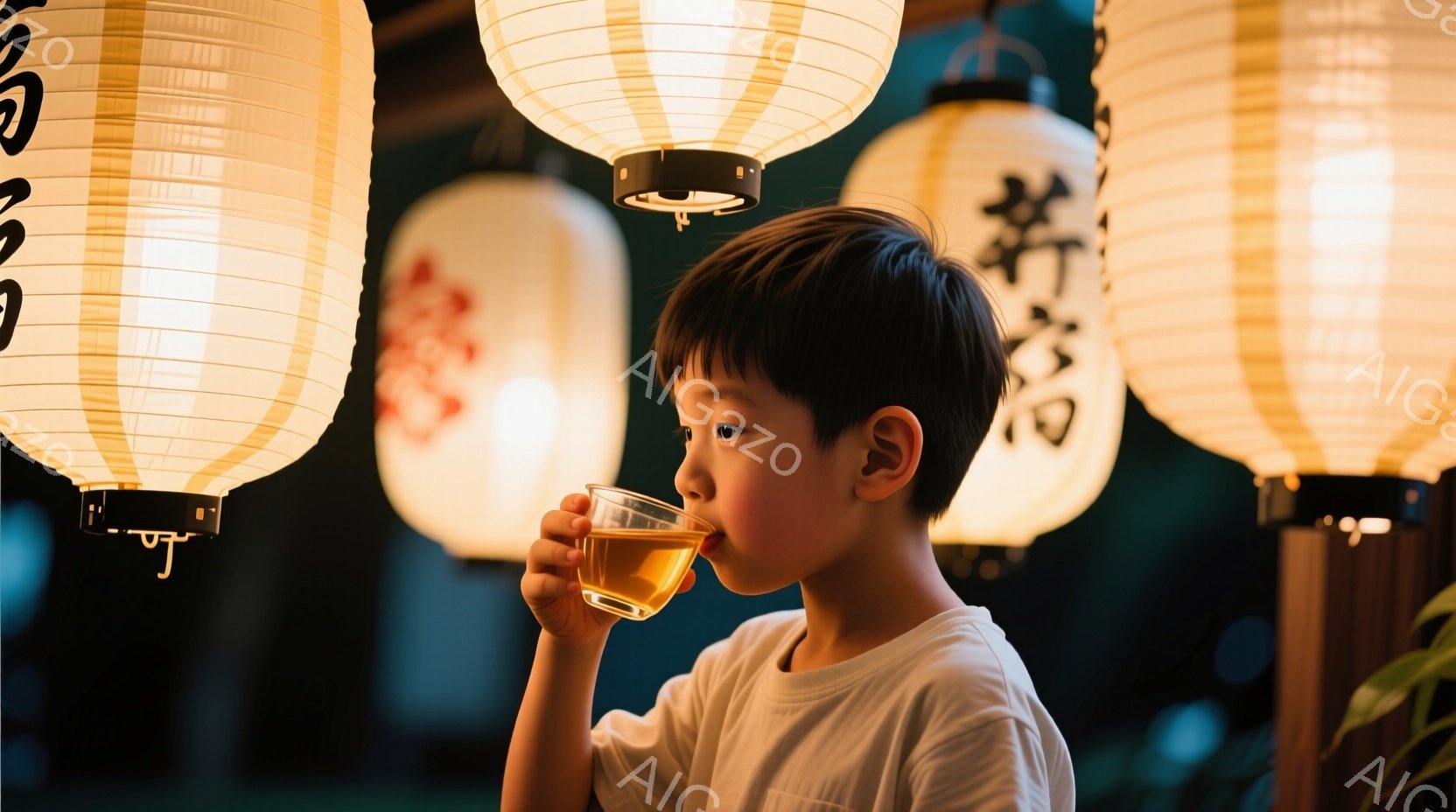 男の子は白いTシャツを着て、何かを飲む様子が写っています。彼は少し上目遣いで、口元にグラスを近づけ、集中した表情をしています。背景には、提灯が並び、温かく柔らかな光が差し込み、和やかな雰囲気を醸し出しています。