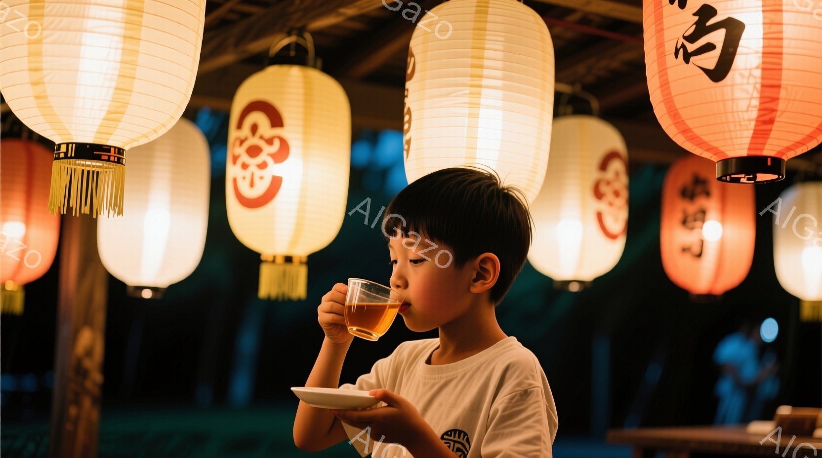茶色の液体が入った白い湯呑みを手に持った少年が描かれています。少年は白いTシャツを着ており、短髪で、何かを味わうように目を細めています。背景には提灯が並び、木製のテーブルが見え、暖かい夏の夜の雰囲気が漂っています。