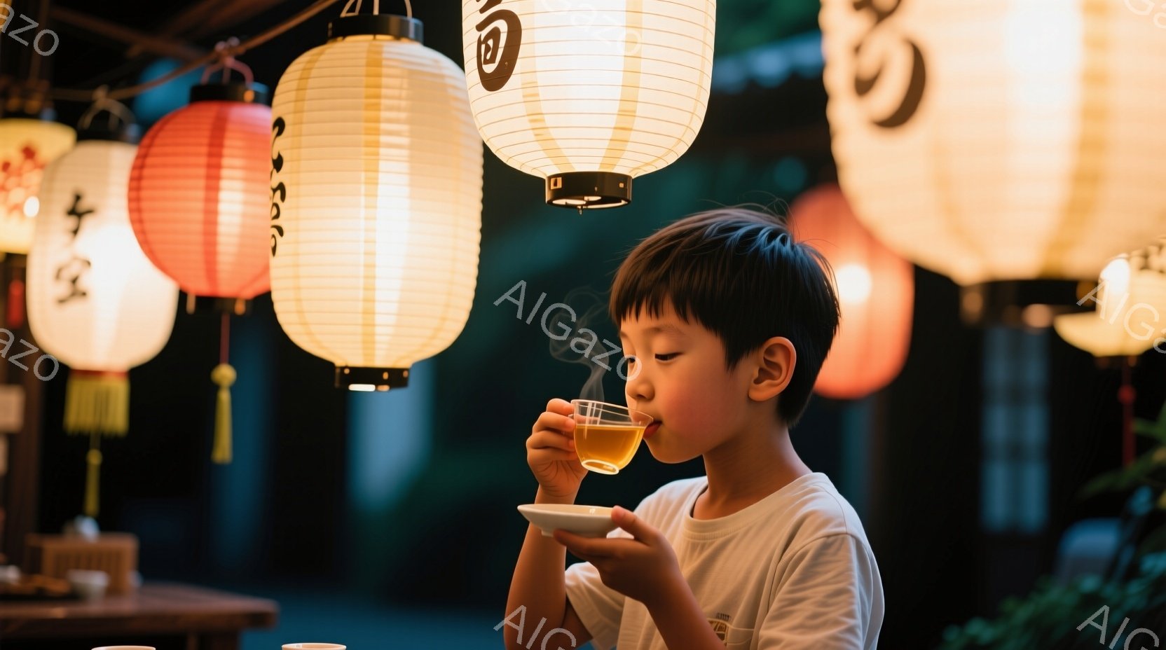 少年は白いTシャツを着て、温かいお茶を飲む姿が捉えられています。彼の黒髪は短く、集中した表情で茶碗を見つめています。背景には、日本の伝統的な提灯が並び、柔らかい光が少年を照らし、落ち着いた夜の雰囲気を醸し出しています。