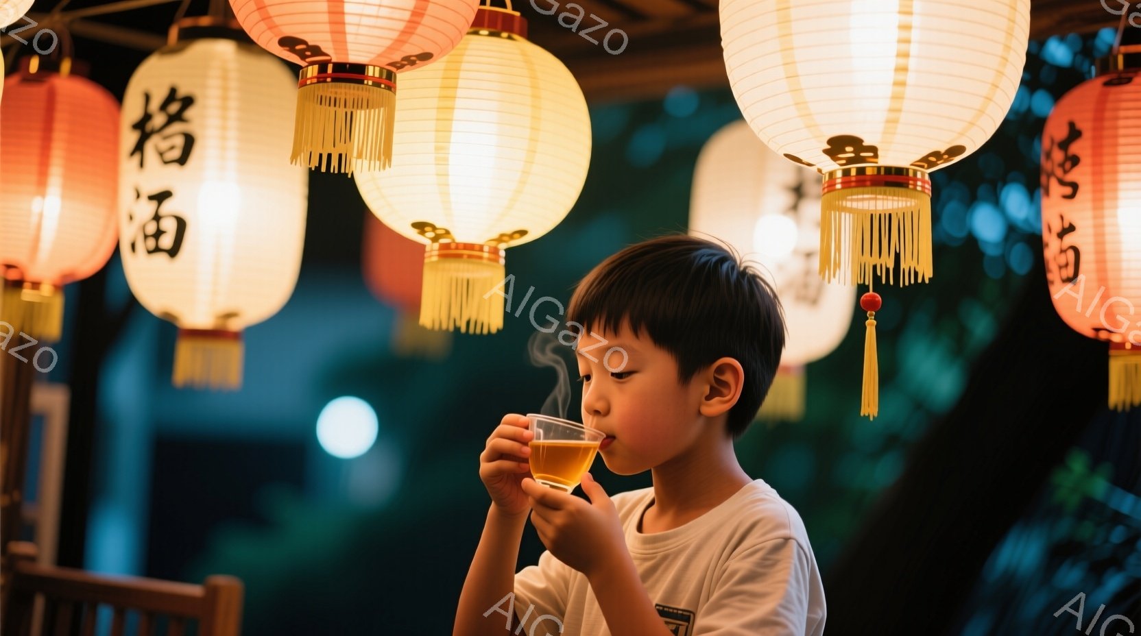 小さな男の子が湯気の立つ飲み物を手に持っています。彼は白いTシャツを着ており、短髪で、少し微笑んでいるような表情をしています。背景には提灯が並び、柔らかい光が灯っており、温かく幻想的な雰囲気を醸し出し - AI生成フリー素材
