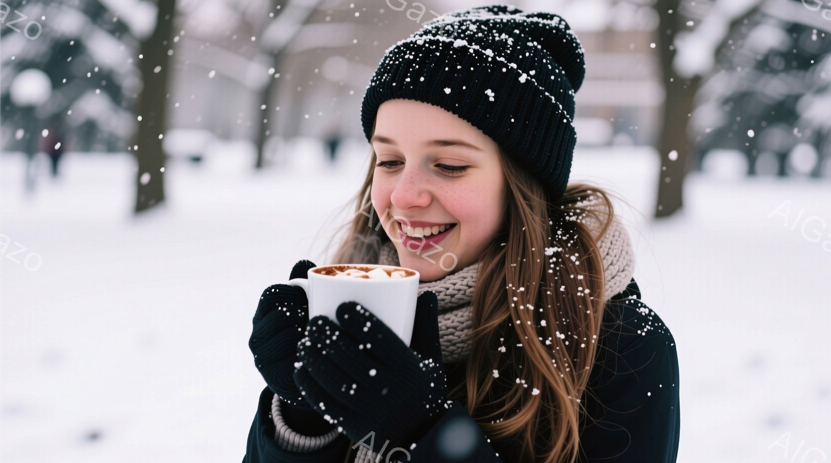 ニット帽と黒い手袋、セーター、コートを着た若い女性が写っています。彼女は微笑みながら両手で白いマグカップを抱え、暖かな飲み物を楽しんでいるようです。背景は雪景色で、ぼんやりと木々が見え、穏やかで冬らしい雰囲気を醸し出しています。