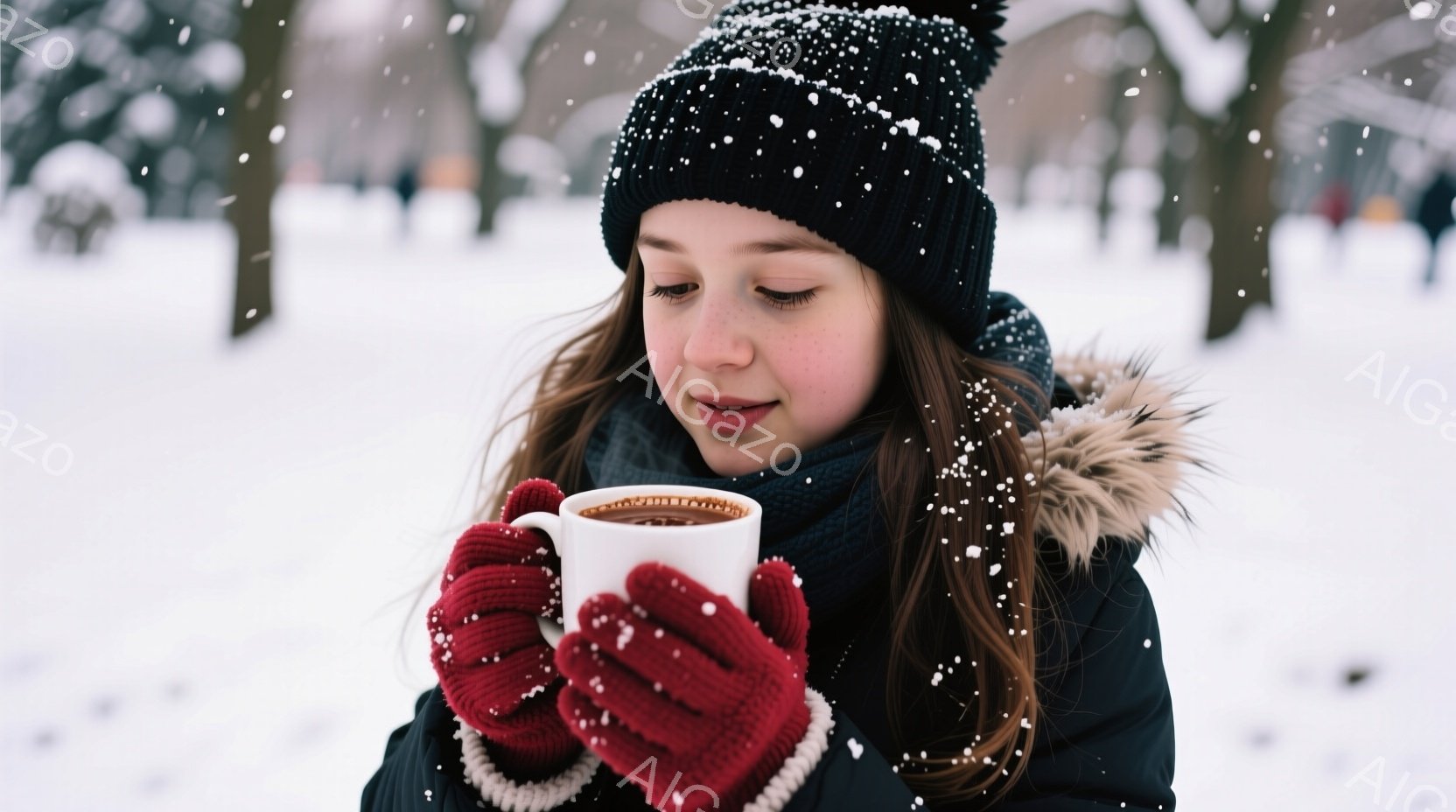 茶色のニット帽と黒い冬のジャケットを着た少女が、赤い手袋で白いマグカップを両手で抱えて温かい飲み物を楽しんでいる。彼女は軽く目を閉じ、微笑みを浮かべ、雪が降る穏やかな冬の日にリラックスした様子がうかがえる。背景には雪に覆われた木々とぼんやりとした白い風景が広がり、全体的に暖かく、穏やかな雰囲気を醸し出している。