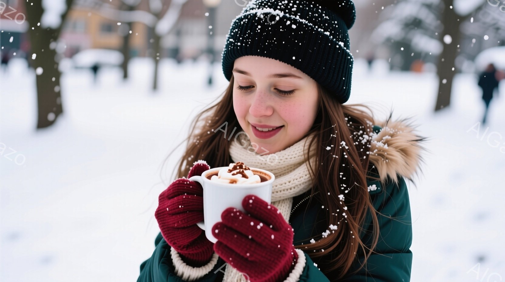 濃い緑色のパディングジャケットを着て、赤い手袋と白いニットの帽子をかぶった女性が、両手で白いマグカップを抱えています。彼女は微笑んでおり、暖かく、穏やかな表情をしています。背景は雪景色で、遠くには建物が見え、全体的に冬の暖かさと安らぎを感じさせる雰囲気です。