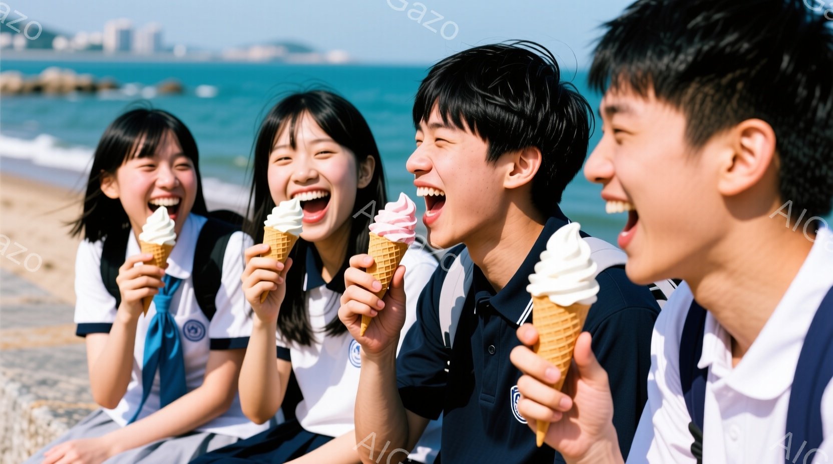制服を着た四人の若者が、海辺でソフトクリームを楽しんでいます。彼らは皆、笑顔で、喜びと興奮に満ちた表情をしています。背景には青い海と、遠くに見える建物があり、晴れた空が広がっています。