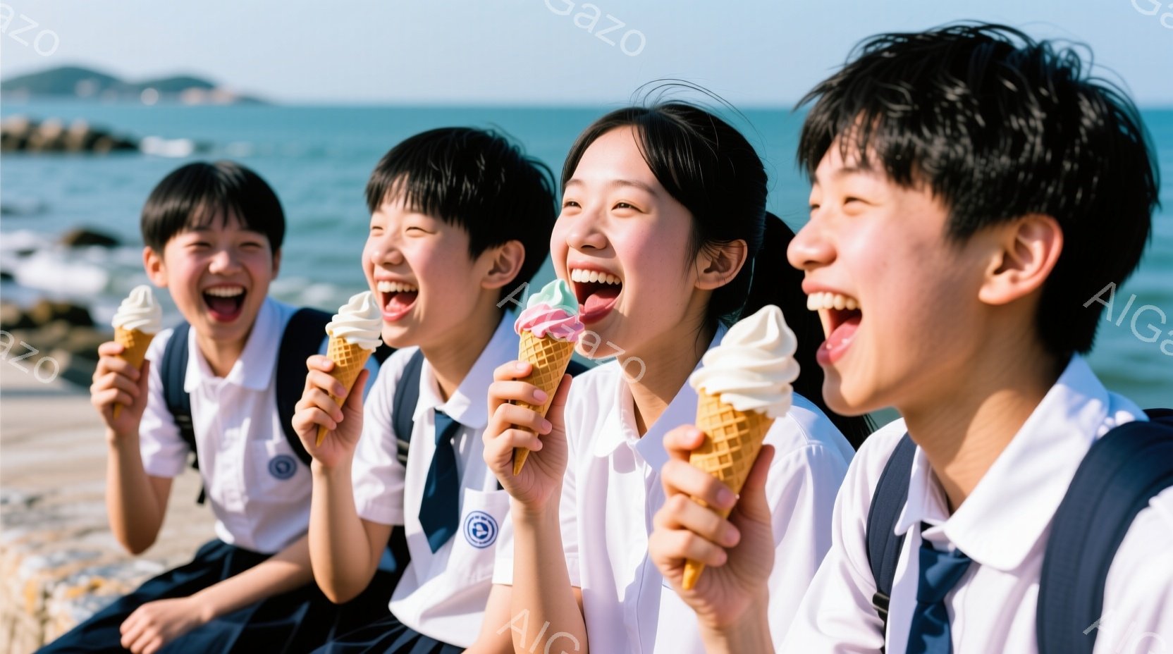 制服を着た四人の学生が、笑顔でアイスクリームを楽しんでいる様子が写っている。彼らは皆、短い髪で、同じ制服を着ており、背景には青い海と岩場が広がり、晴れた日の穏やかな雰囲気が伝わってくる。喜びと楽しみに - AI生成フリー素材