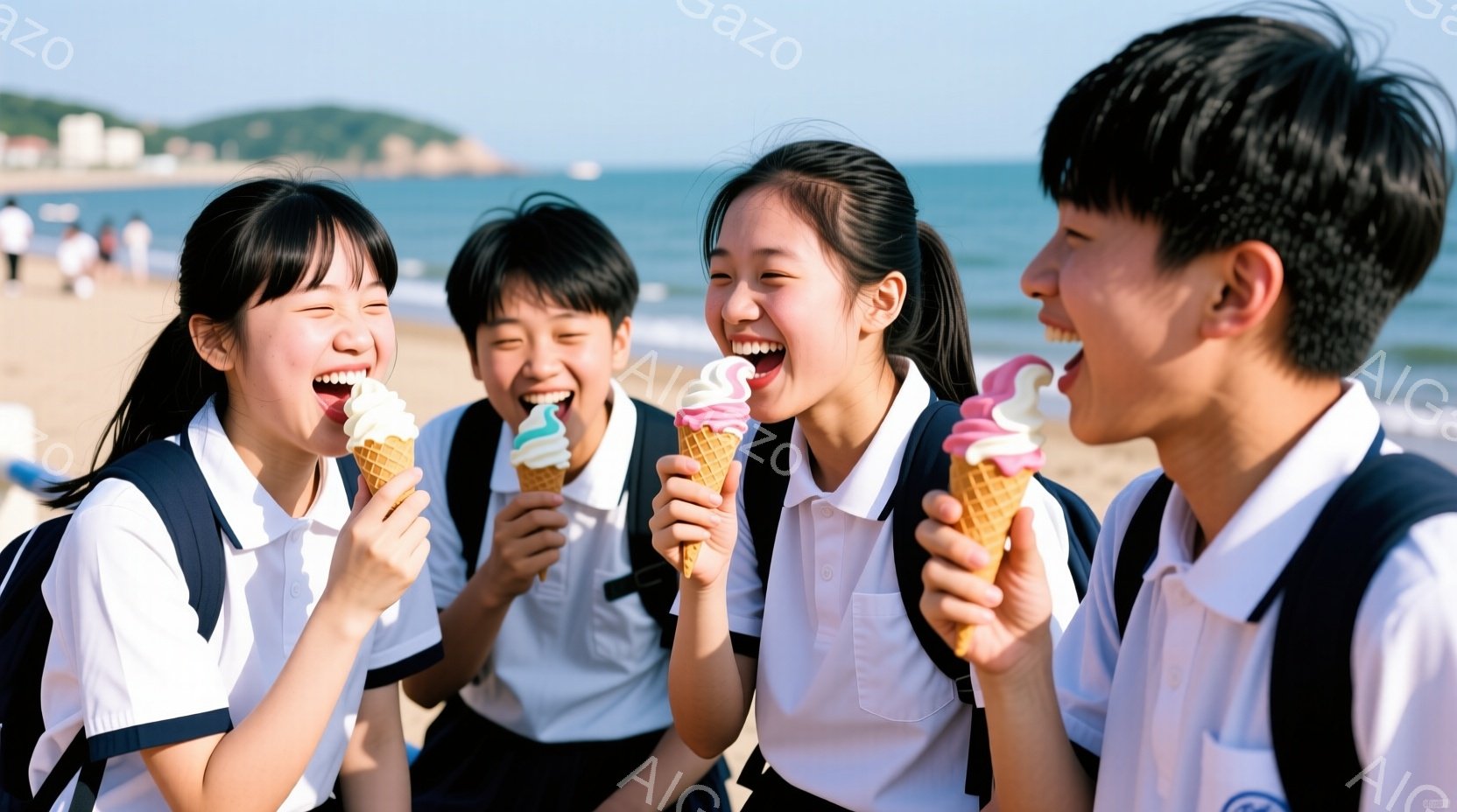 制服姿の男女高校生４人が、それぞれソフトクリームを手に笑顔で写っています。彼らは皆、白いシャツに黒いブレザーを着ており、肩にリュックを背負っています。背景には青い海と空、そして遠くの山々が見え、晴れた日のビーチの活気に満ちた雰囲気が伝わってきます。