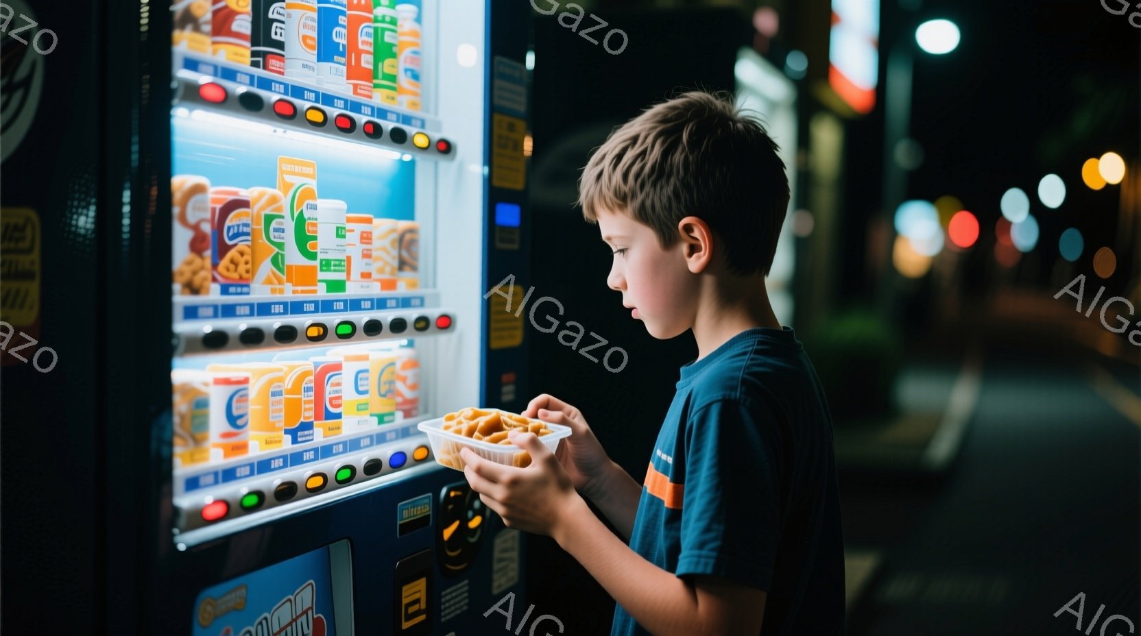 自動販売機の前に立つ少年は、青いTシャツにオレンジ色のラインが入った服を着ています。彼は少し顔を下げ、手に持ったポテトチップスの容器を見つめています。夜景を背景に、自動販売機が光を放ち、少年が少し寂しげな雰囲気を出しています。