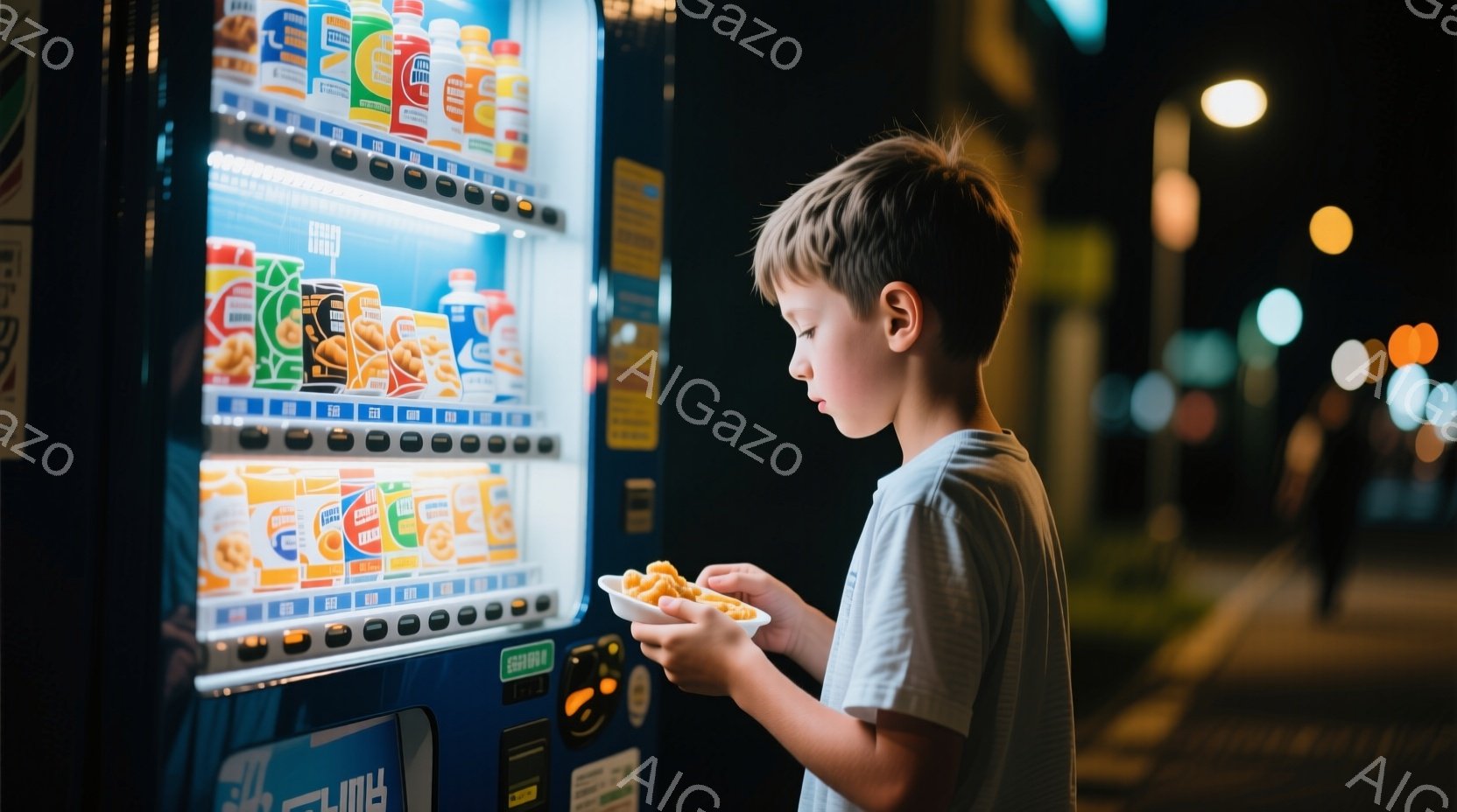 自動販売機の前で少年がスナックを食べている様子が写っている。少年は白いTシャツを着ており、短く刈り込まれた髪をしている。夜間の暗い背景には、ぼやけた街灯が見え、自動販売機の光が少年の顔を照らしている。
