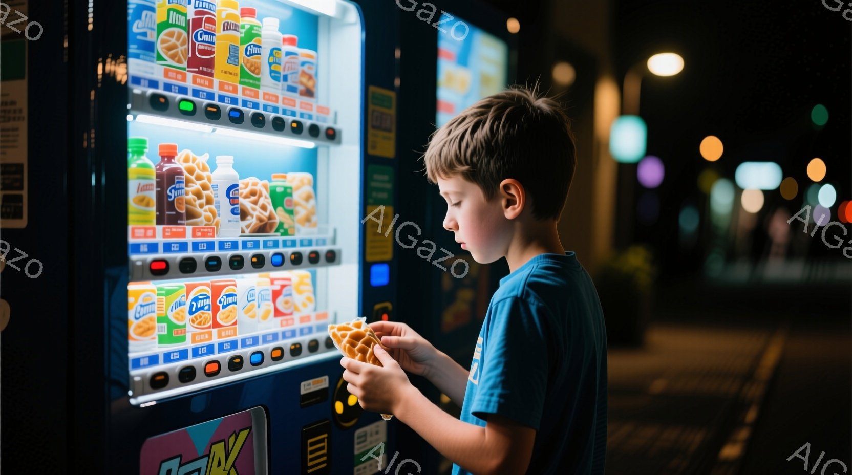 少年は自動販売機の前でスナック菓子を手に持っています。青いＴシャツを着ており、短く刈り込んだ髪型で、集中した表情でスナック菓子を見つめています。夜間の屋外で、自動販売機の光が彼を照らし、背景にはぼやけた街灯が見え、少し寂しげな雰囲気です。