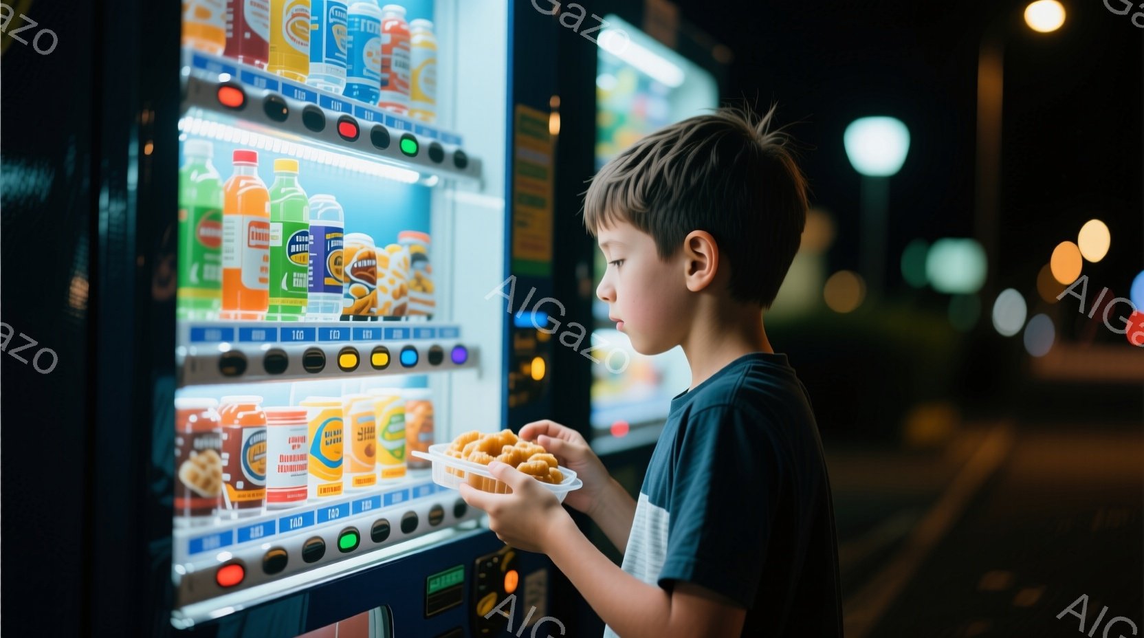 自動販売機の前に立つ少年は、茶色の髪を短く切りそろえ、青い半袖シャツを着ています。彼は自動販売機から受け取ったスナックの容器を見つめ、満足そうな表情をしています。背景は夜の街並みで、自動販売機の光がぼやけた街灯と暗い空に照らされています。