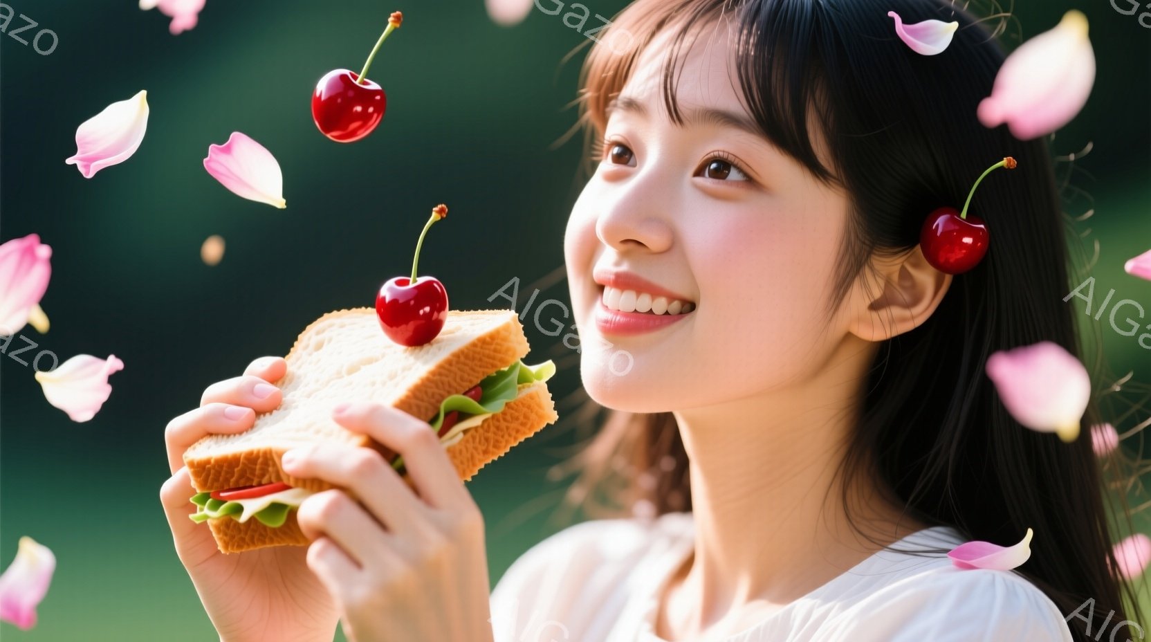 黒髪の女性がサンドイッチを手に持っており、その上には赤いチェリーが飾られています。彼女は白いブラウスを着ており、少し微笑んでおり、穏やかで幸福な表情をしています。背景にはピンク色の花びらが舞っており、春らしい、柔らかくロマンチックな雰囲気を醸し出しています。