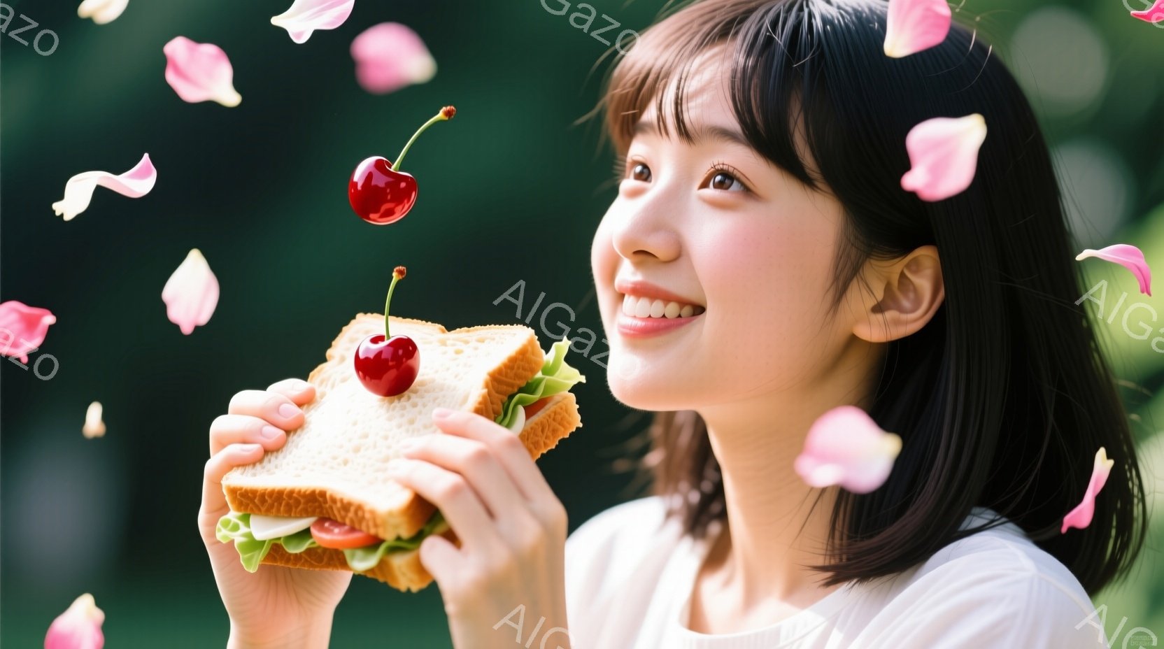 黒髪の女性がサンドイッチを持っている写真です。彼女は白いトップスを着ており、少し上目遣いで微笑んでいます。背景にはピンク色の花びらが舞い、明るく暖かい春の雰囲気が漂っています。