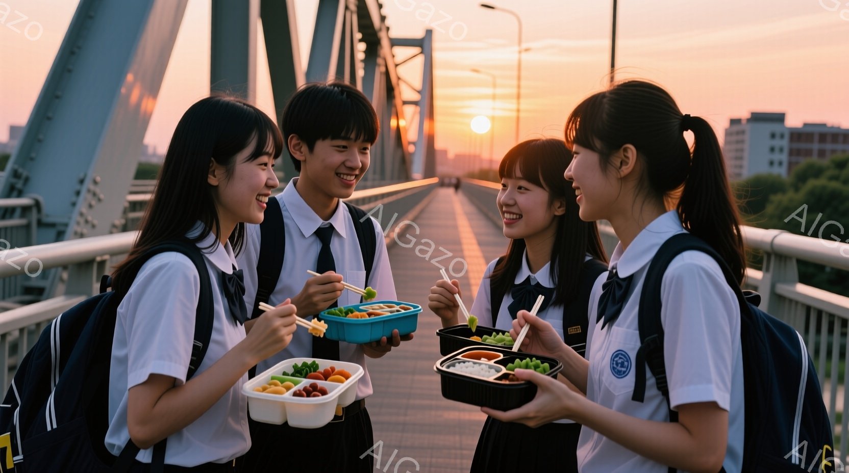 橋の上で、制服を着た少年少女たちが、お弁当を食べながら笑顔で話しています。少年は短髪で、少女たちは髪を後ろで一つに結んでいます。背景には夕焼け空と、遠くに見える建物があり、全体的に温かく、親しげな雰囲気が漂っています。