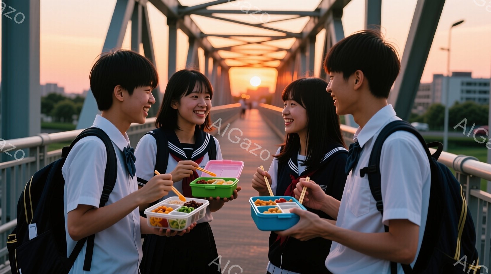 制服を着た若い男女４人が橋の上で夕食をとっている様子が写っている。彼らは皆笑顔で、お弁当箱から箸で食べ物を摘んでいる。背景には夕焼け空と、遠くに見える建物や緑豊かな自然が広がり、温かく明るい雰囲気を醸し出している。