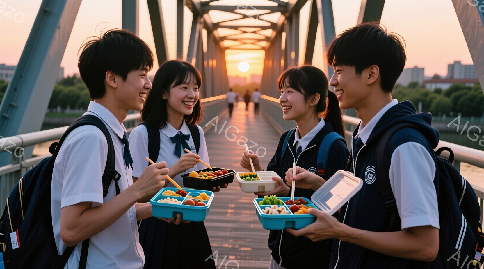 若い男女4人が橋の上で向かい合って立っており、それぞれお弁当箱を持っています。彼らは制服を着ており、皆笑顔で楽しそうにしています。背景には夕焼け空と、遠くに見える建物や自然が広がっており、穏やかで温かい雰囲気を醸し出しています。
