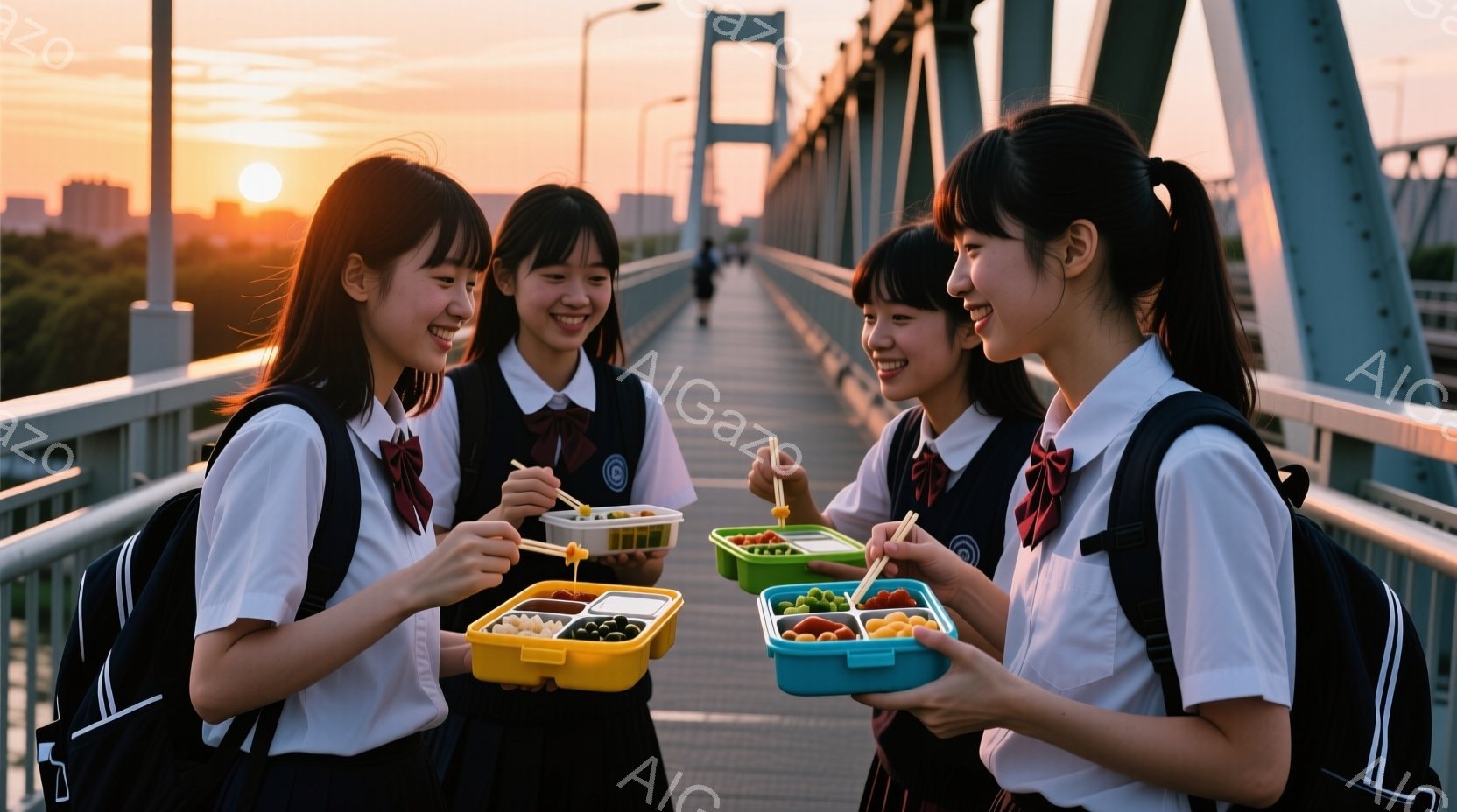 紺色のブレザーとチェックのネクタイを着用した女子高生４人が、橋の上で弁当を手に笑顔で話しています。彼女たちは髪を暗い色でまとめ、それぞれがリラックスした姿勢で、夕暮れ時の穏やかな光に包まれています。背景には、夕焼け空と遠くに見える建物が広がり、温かく親しみやすい雰囲気を醸し出しています。
