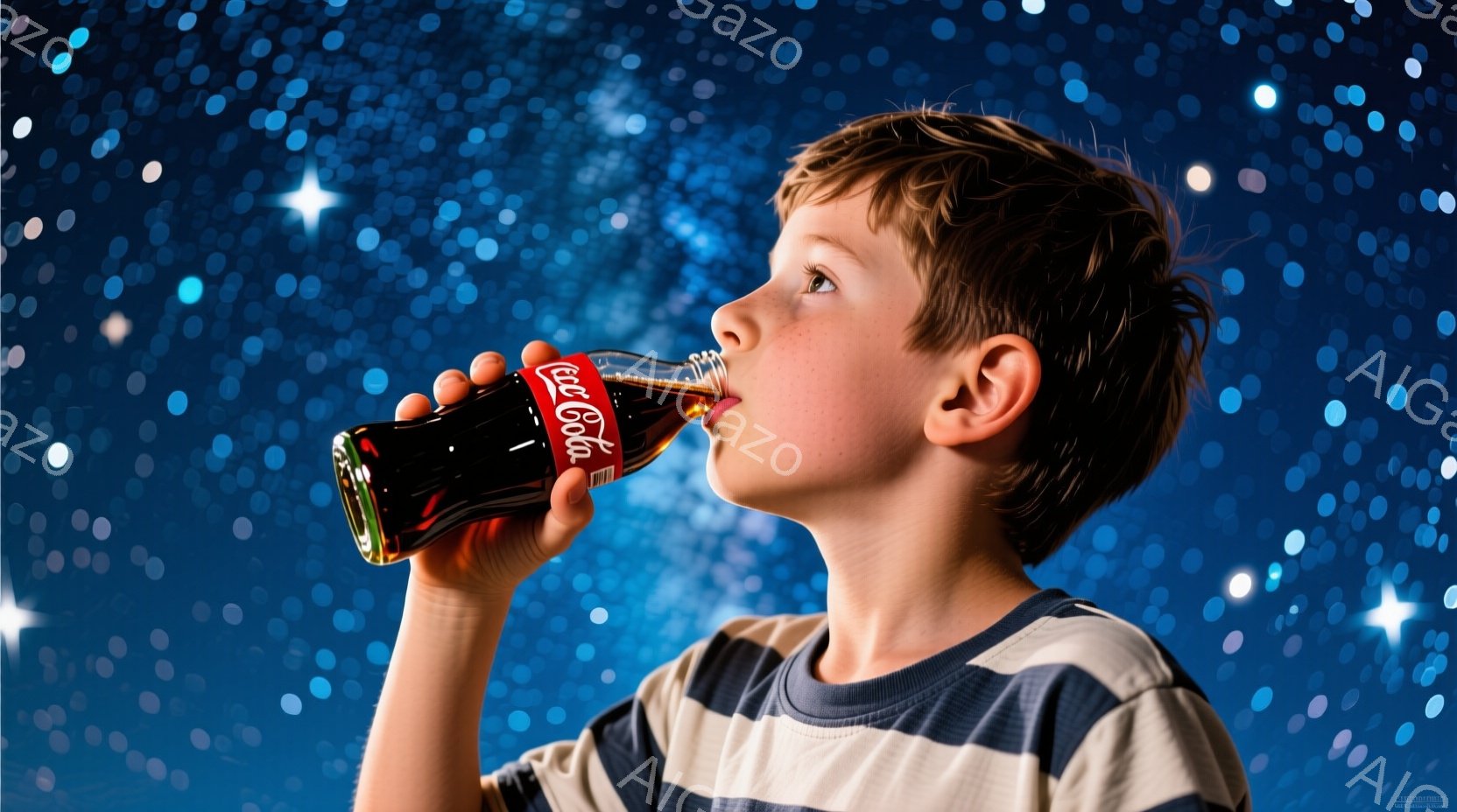 少年はストライプのシャツを着て、少し上目遣いにしてコカ・コーラのボトルから飲み物を飲んでいます。彼の髪は短く、ふさふさとしており、表情はリラックスして満足げです。背景は鮮やかな青色で、星のような光の粒子で満たされており、幻想的で夢のような雰囲気を作り出しています。