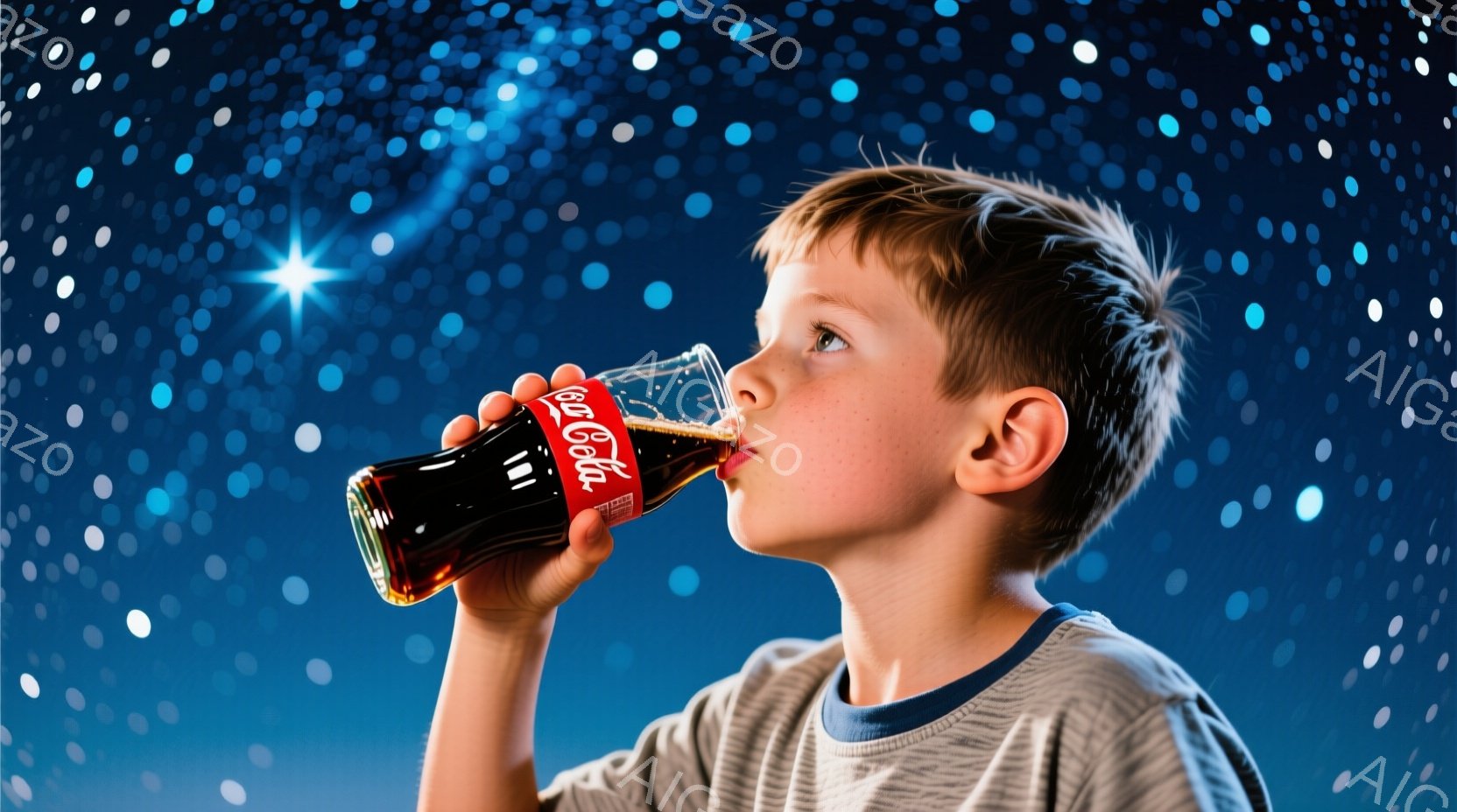 若い少年がコカ・コーラのボトルから飲み物を飲んでいる姿が写っています。彼は灰色の縞模様のTシャツを着ており、明るいブロンドの髪は少し無造作に整えられています。背景は夜空を思わせる濃い青色で、星のような光が散りばめられており、夢幻的で希望に満ちた雰囲気を醸し出しています。