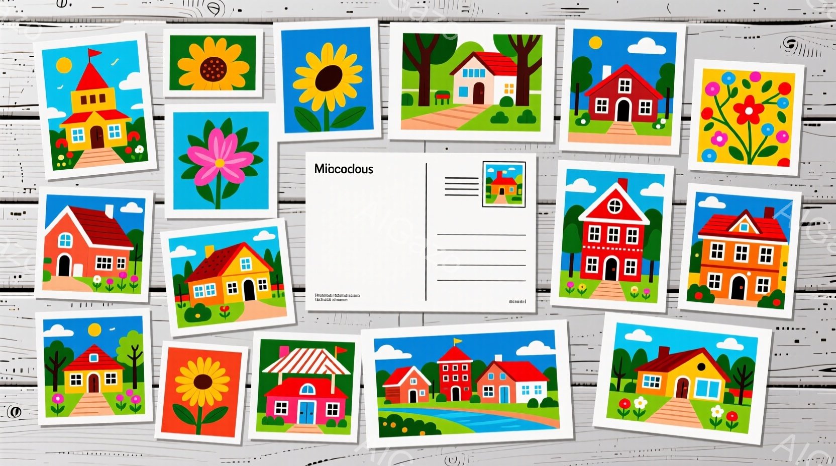 カラフルなイラストが並んだコラージュです。各イラストは、家、花、自然をモチーフにしており、鮮やかな色使いで、子供向けの絵本のような雰囲気です。背景は木目調で、手作り感と温かさを加えています。