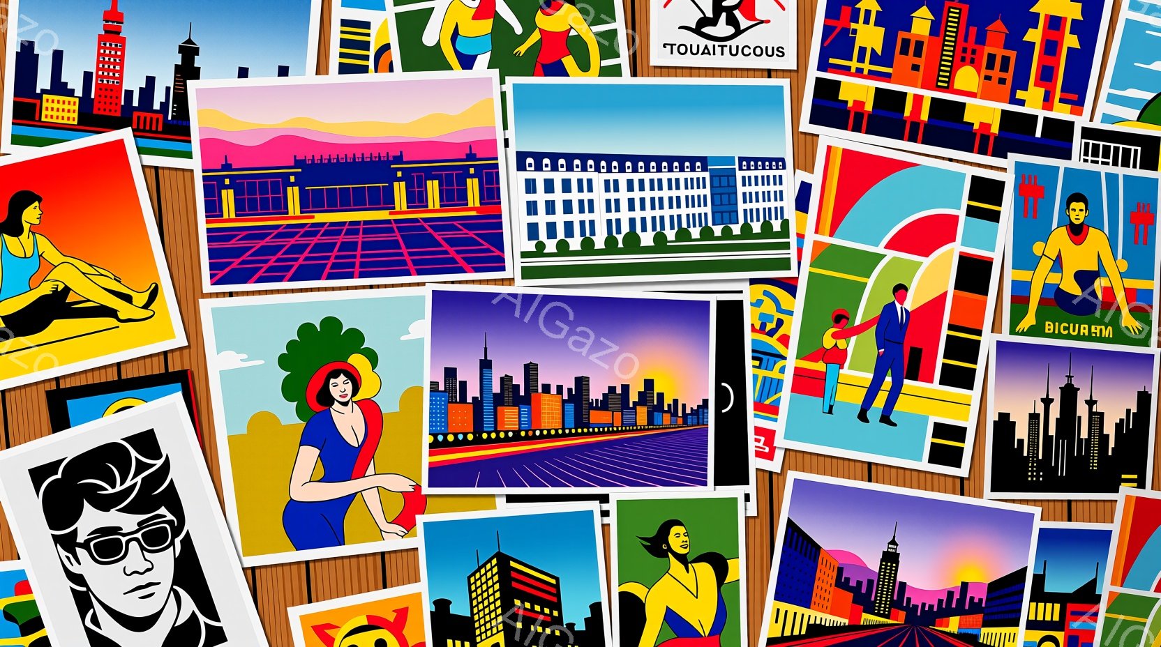 様々なイラストがコラージュのように配置された画像です。人物画では、サングラスをかけた男性や、赤いドレスを着て歩く女性、水着の女性などが見られ、それぞれが鮮やかな色使いで描かれています。背景には、高層ビル群や夕焼け空、抽象的なパターンが見られ、全体的にポップでカラフルな印象を与えます。