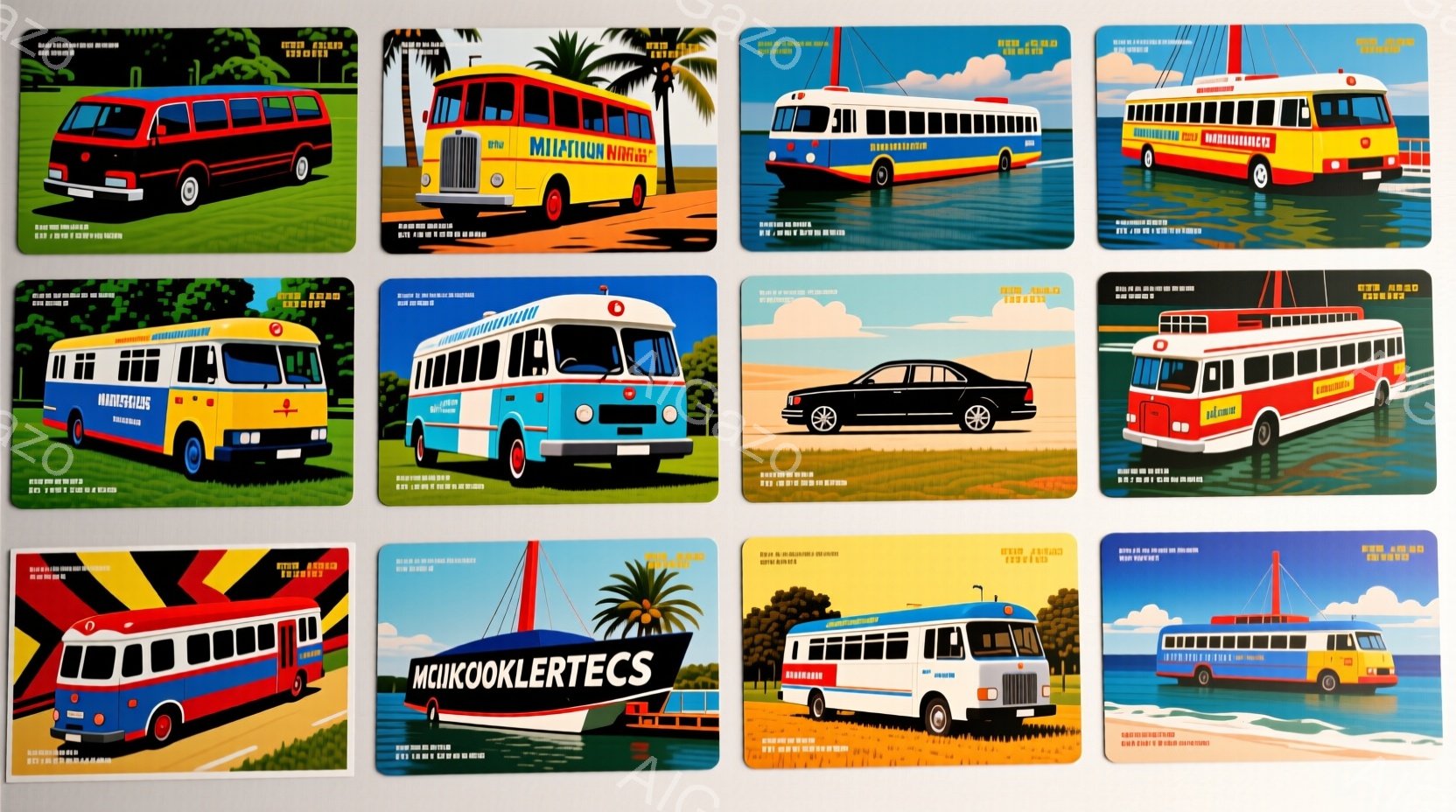 レトロなデザインのバスが描かれた4枚のイラストのコラージュです。それぞれのバスは異なる色（赤と青、黄色、白と青、白と赤）で、海やヤシの木、そして遠くに見える風景を背景に描かれています。全体的に鮮やかで、観光地のような雰囲気や懐かしさを感じさせるデザインです。