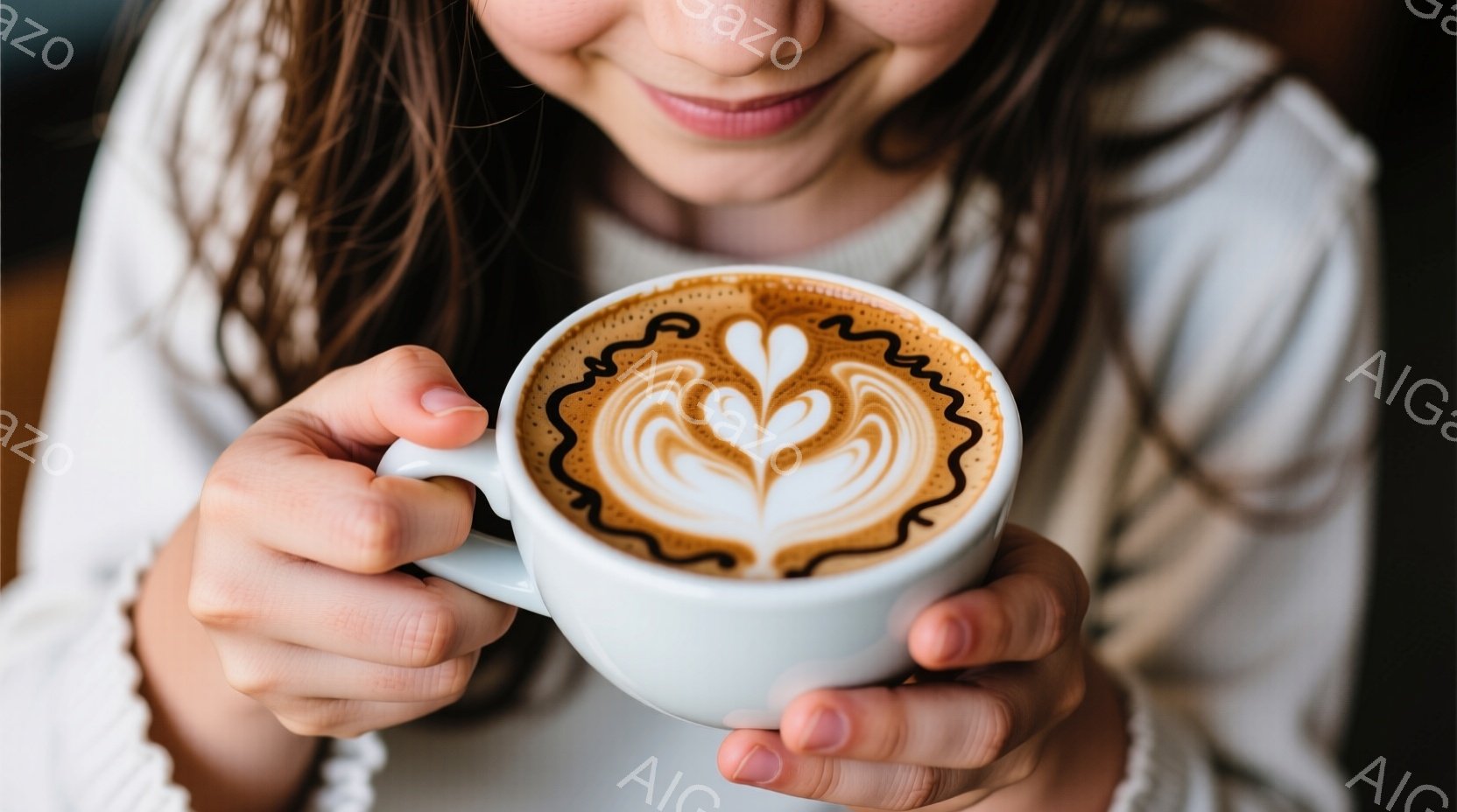 白いセーターを着た女性が、ラテアートが施されたコーヒーカップを両手で抱えています。彼女は微笑んでおり、穏やかでリラックスした雰囲気が伝わってきます。背景はぼやけていますが、室内であること、暖かく居心地 - AI生成フリー素材