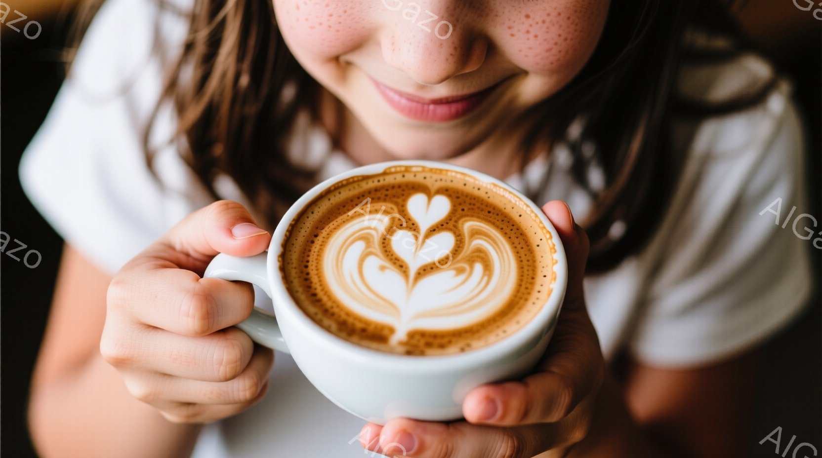 若い女性が両手で白いコーヒーカップを抱えています。彼女はそばかすがあり、笑顔で、髪は肩まで伸びています。カップの中には、ラテアートで描かれた模様があり、温かい雰囲気が感じられます。