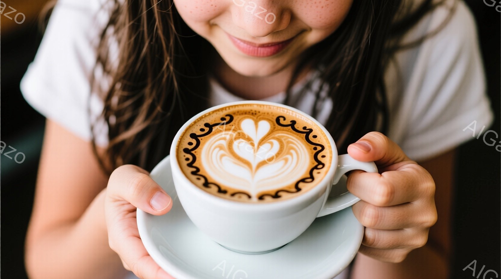 白いカップとソーサーが、人の両手で優しく抱えられています。カップの中には、丁寧にラテアートが描かれたコーヒーが入っており、明るい笑顔の女性の顔がわずかに写っています。背景はぼやけていますが、暖かく穏やかな雰囲気が漂っています。