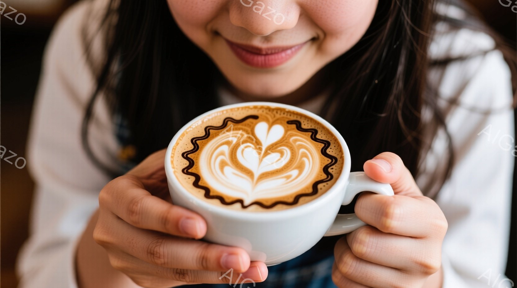 柔らかい光の中で、女性が両手で白いカップを抱えています。彼女はダークブラウンの髪を持ち、わずかに微笑んでいます。カップの中には、繊細なラテアートが描かれたコーヒーが入っており、背景はぼやけて暖かく穏や - AI生成フリー素材