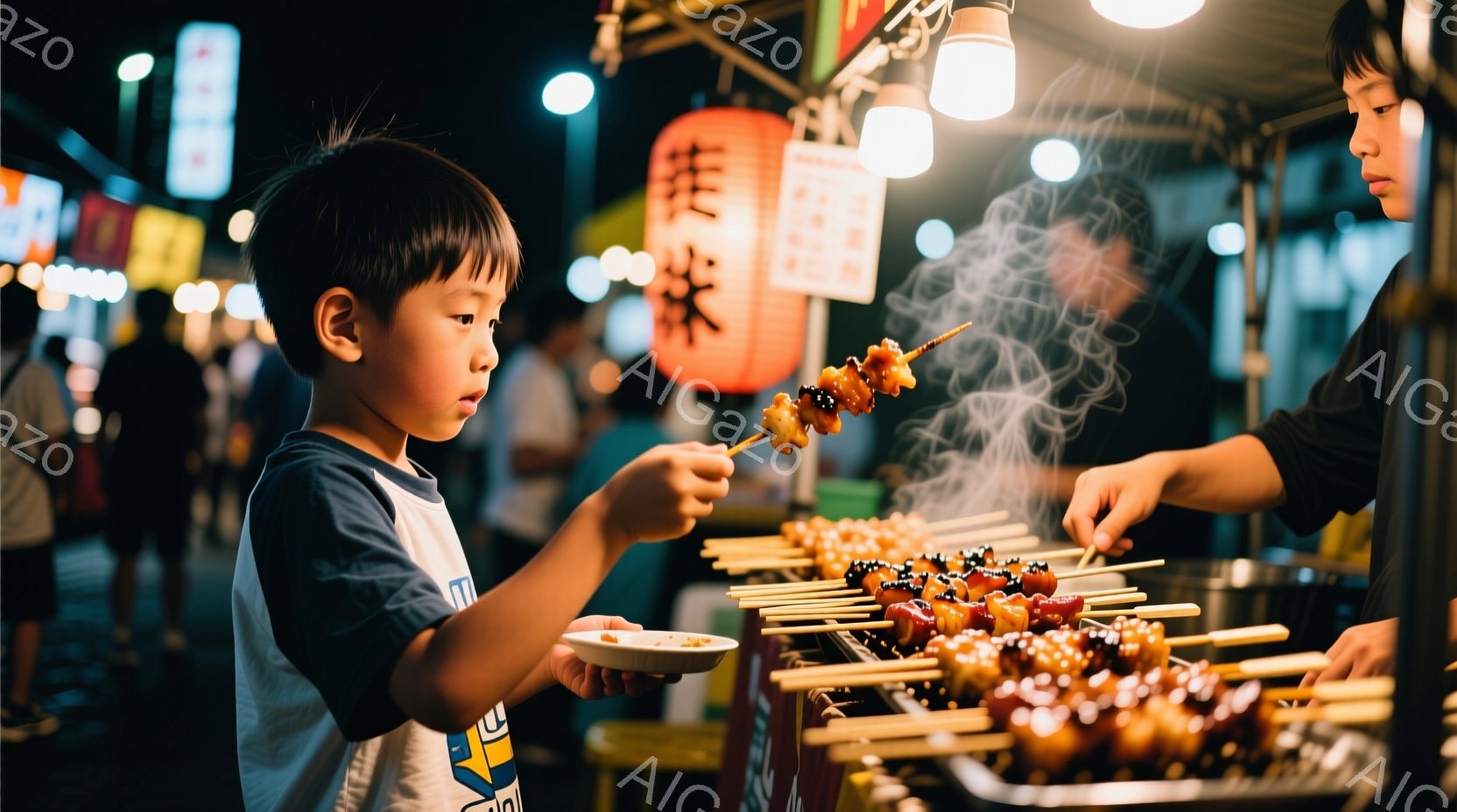 少年は屋台で串に刺された食べ物を手に取ろうとしています。白いTシャツに短い髪型で、真剣な表情で食べ物に集中しています。背景には提灯が灯り、多くの人が歩き回り、賑やかな夜の屋台の雰囲気が伝わってきます。