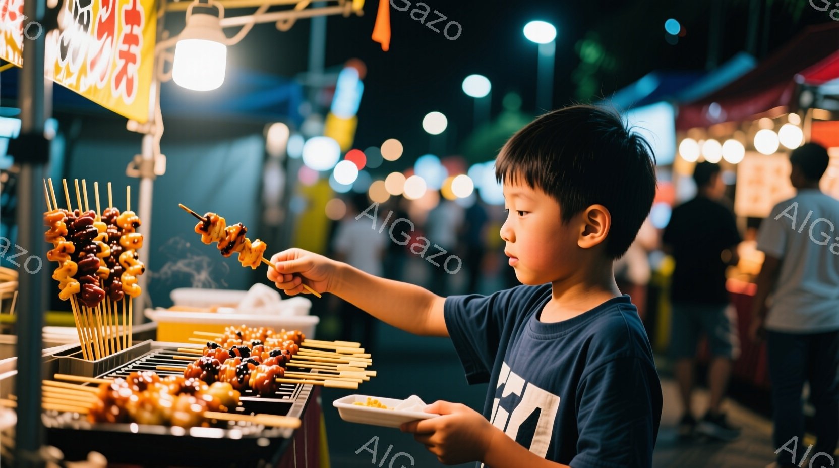 少年は屋台の前に立ち、串に刺された団子を選んでいる。彼は青いTシャツを着ており、黒髪を短く切っている。背景にはぼやけた人々の姿や屋台の明かりが見え、夜の賑やかなお祭りの雰囲気が漂っている。