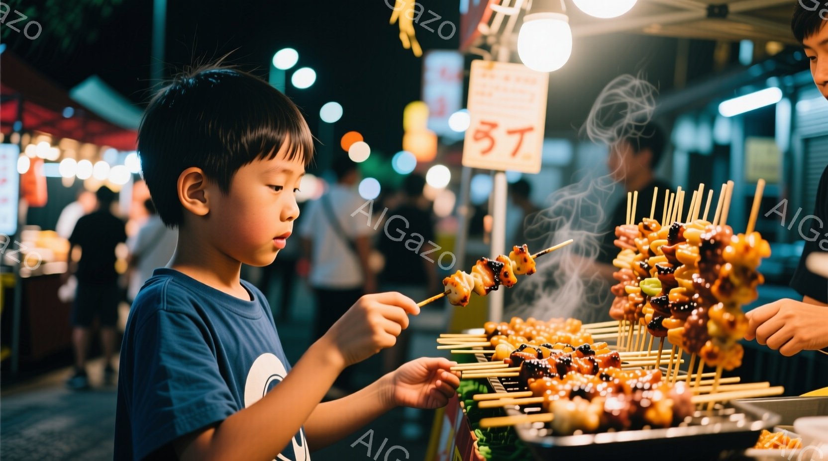 男の子が屋台で串焼きを手にしている写真です。青いTシャツを着ており、短髪で真剣な表情で串焼きを見つめています。背景には他の人々や屋台がぼやけて写っており、夜の賑やかなお祭りの雰囲気が伝わってきます。