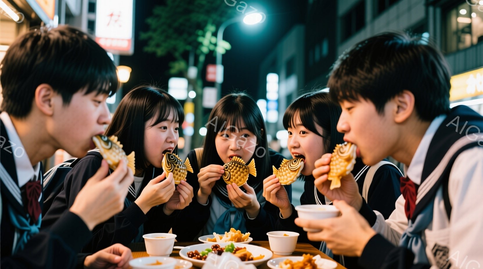 制服を着た学生たちが、たい焼きを美味しそうに食べている様子が写っている。彼らは皆、短い髪で、少し笑顔を見せながら、たい焼きにかぶりついている。背景には、夜の街並みと、いくつかの飲食店が見え、活気のある - AI生成フリー素材