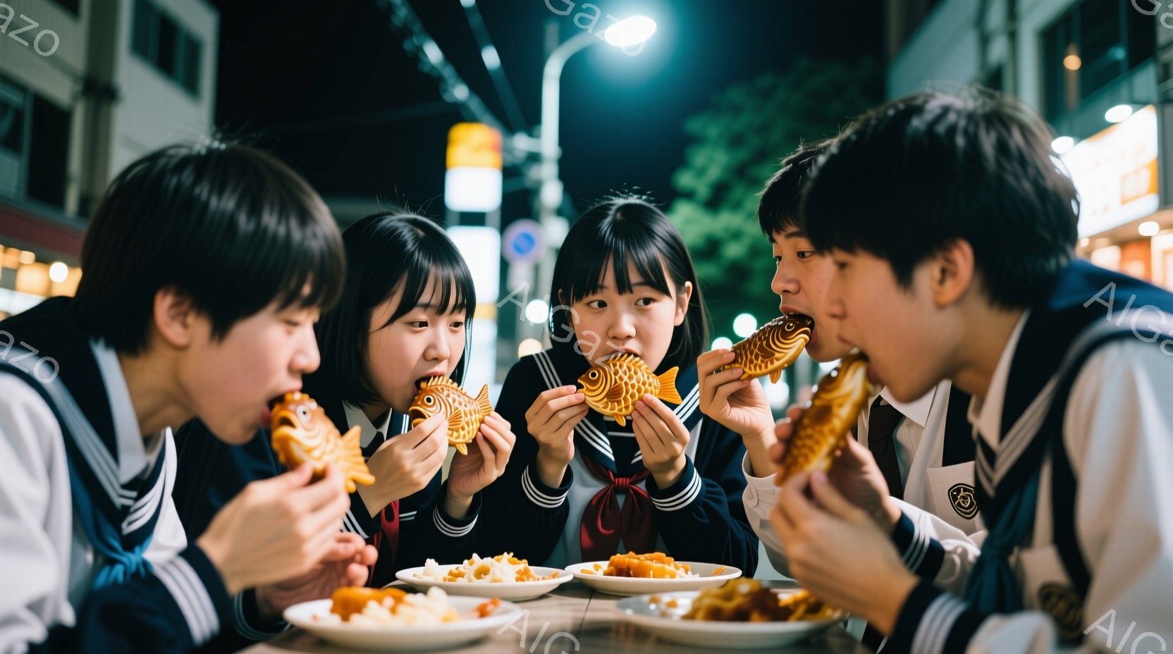 制服姿の高校生４人が、たい焼きを美味しそうに食べている写真です。彼らは皆、黒髪で、笑顔でたい焼きに集中しており、楽しそうな雰囲気が伝わってきます。背景には夜の街並みが見え、レトロな商店街の看板がぼんやりと光っており、賑やかながらも温かい空気が漂っています。