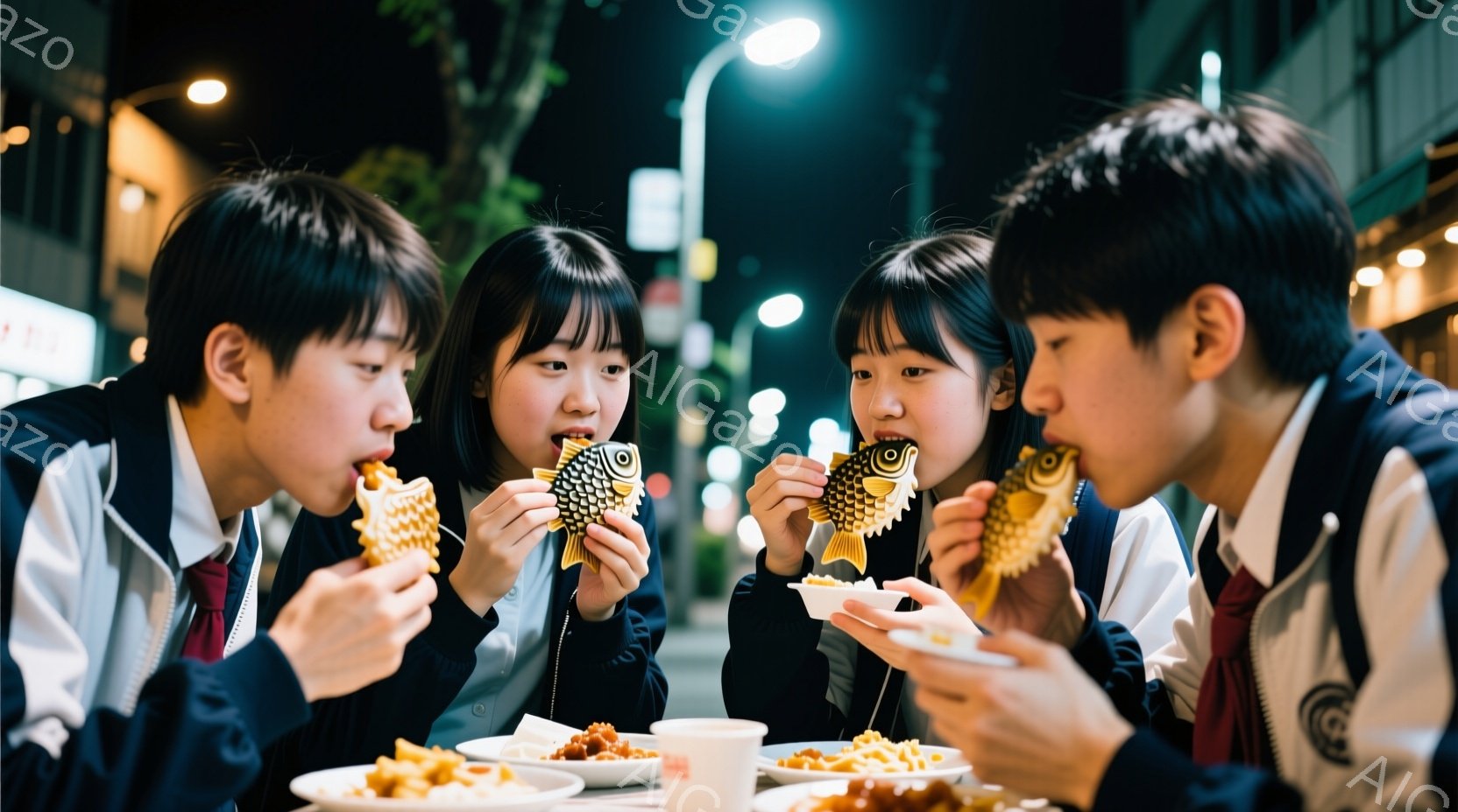 制服を着た男子生徒と女子生徒が、太鼓焼きのようなものを手に持っている写真です。四人は皆、頬を膨らませて焼き菓子を食べており、楽しそうな表情をしています。背景には夜の街並みと電柱が見え、温かい光が灯って - AI生成フリー素材