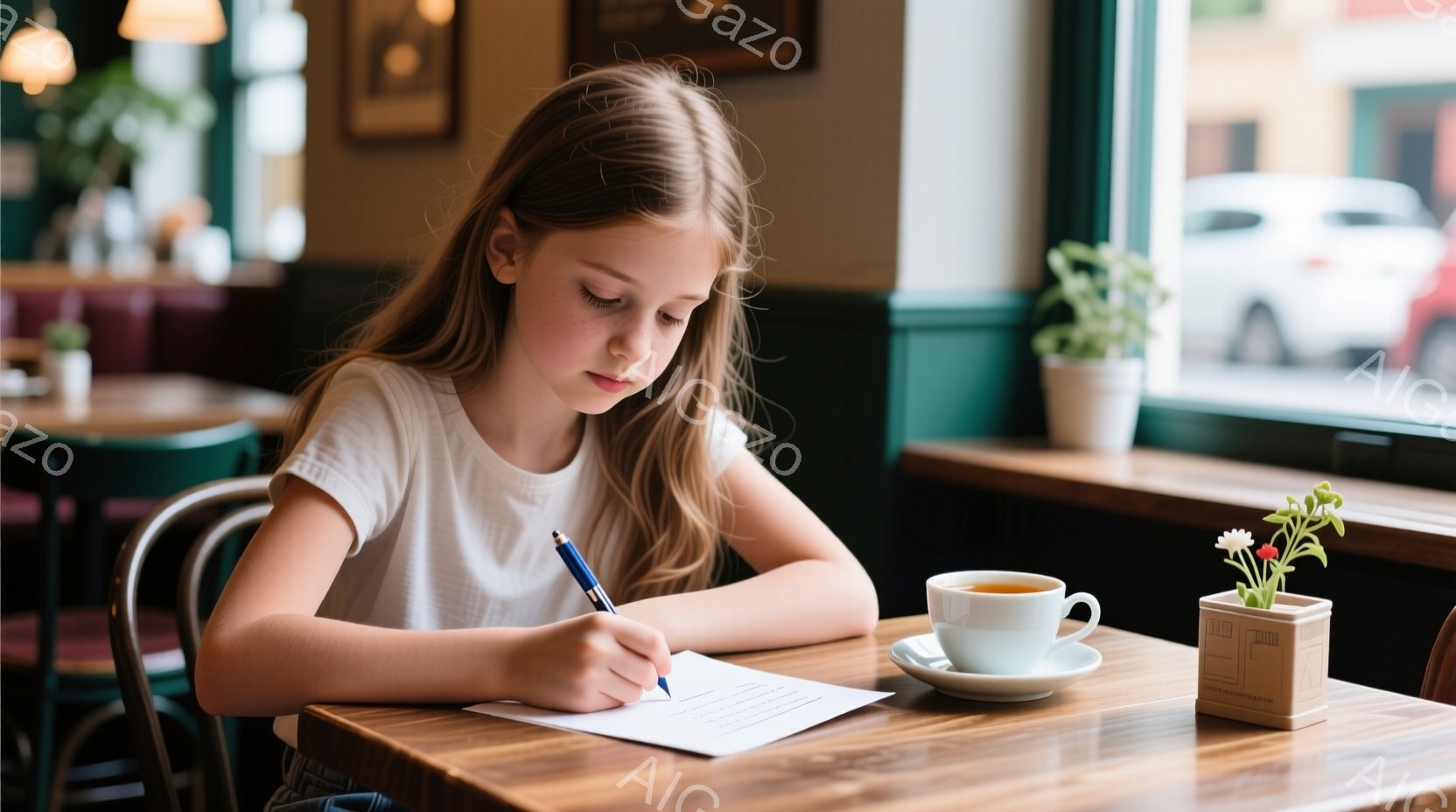 金髪の少女がテーブルに座って、ペンで白い紙に何かを書き込んでいる。彼女は白いシャツを着ており、髪は自然に肩にかかっている。背景には、窓から見える街並みと、テーブルに置かれたマグカップ、小さな花が飾られた鉢植えが見える、暖かく穏やかな雰囲気の室内である。