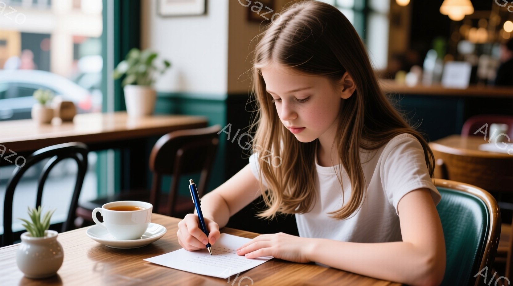 少女がテーブルに座って何かを書き込んでいます。彼女は白いTシャツを着ており、髪は肩まで伸びたブロンドヘアです。背景にはカフェのテーブルや椅子が見え、窓の外にはぼやけた街並みが広がっており、穏やかで集中した雰囲気です。