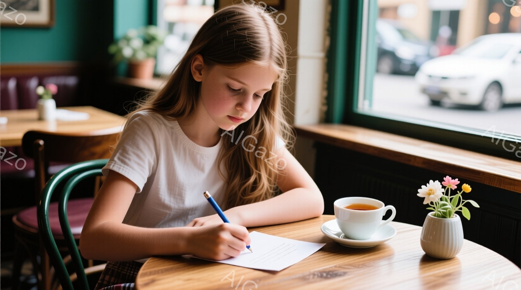 若い女の子がテーブルに座り、鉛筆で白い紙に何かを書いています。彼女はクリーム色のTシャツを着ており、髪は長くゆるやかに巻かれています。背景には、カフェの窓の外に建物が見え、暖かく落ち着いた雰囲気です。