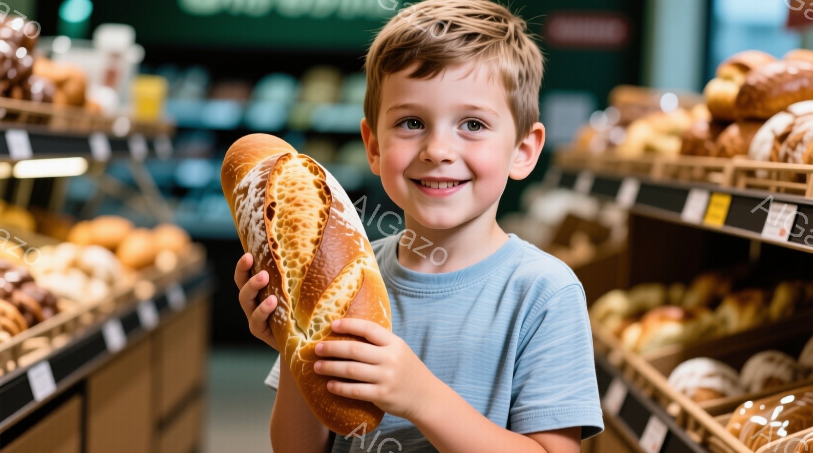 少年は青いTシャツを着て、大きなパンを両手で抱えています。彼は笑顔でカメラを見ており、明るく元気な表情をしています。背景にはパンが並んだ棚があり、パン屋またはスーパーマーケットのような場所であることがわかります。