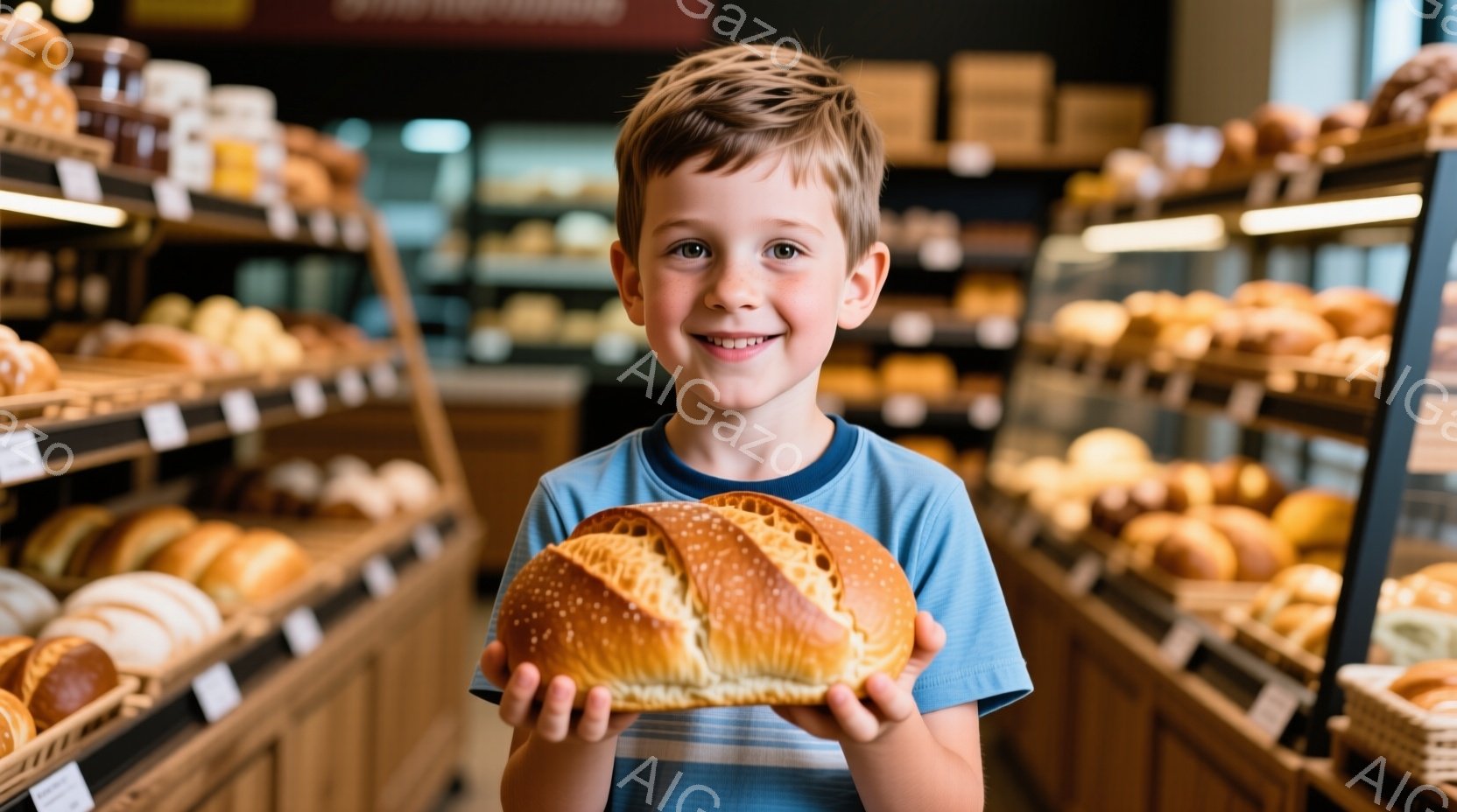 金髪の少年が、大きなパンを両手で抱えて笑顔でこちらを見ている。彼は青いストライプのシャツを着ており、背景には様々な種類のパンが並んだパン屋の棚が見える。全体的に明るく、温かい雰囲気で、少年はパンに満足しているようだ。