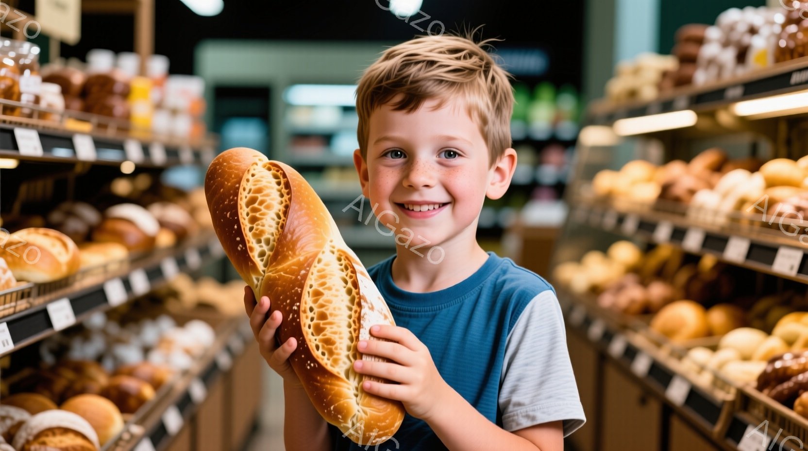 金髪の少年が大きなバゲットを両手で抱え、満面の笑みを浮かべている。彼は水色のストライプのTシャツを着ており、少し無造作な髪型をしている。背景には、様々なパンが並んだ棚が見え、明るい店内の様子が伺える。 - AI生成フリー素材