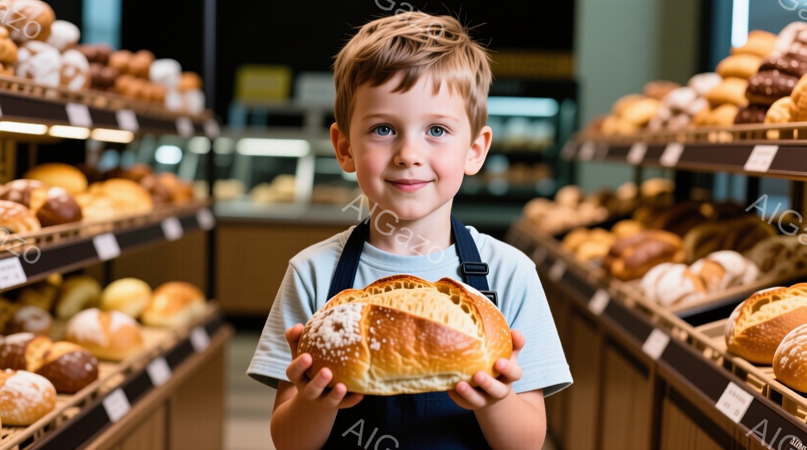金髪の少年が大きなパンを両手で抱えています。彼は青いエプロンを着ており、明るい笑顔でカメラを見つめています。背景には、様々な種類のパンが並んだ棚があり、パン屋であることがわかります。
