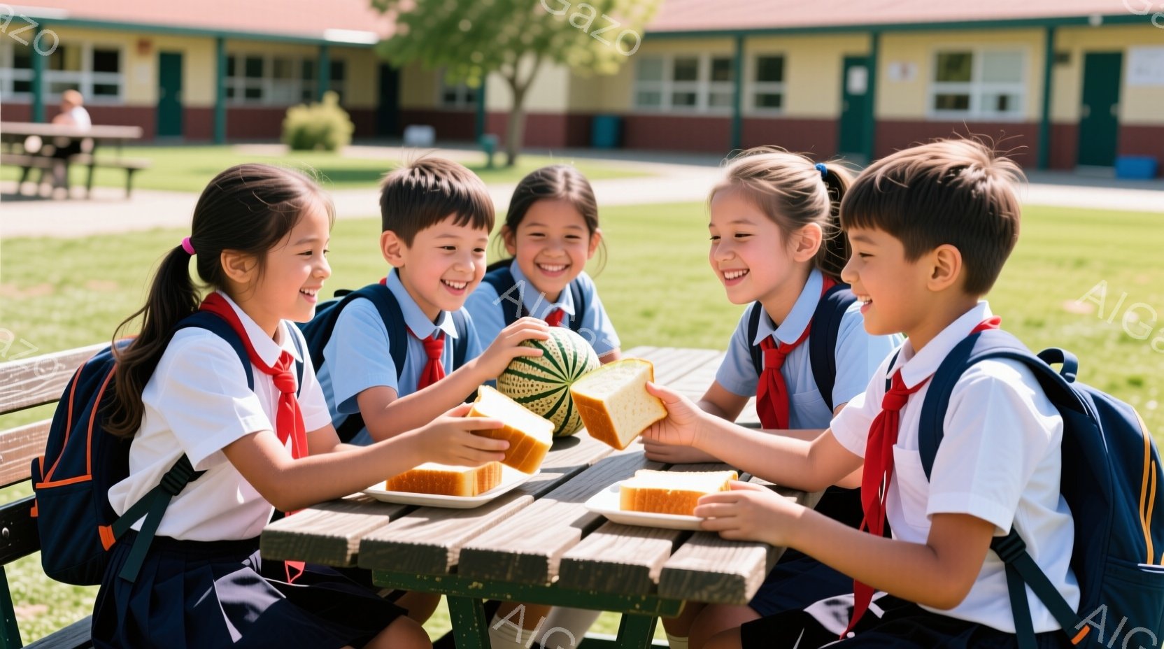 4人の子供たちがピクニックテーブルを囲んで楽しそうにしています。全員、白いシャツに紺色のズボンまたはスカート、赤いスカーフを締めた制服を着ており、髪は短く切るか、ポニーテールにまとめています。背景には建物と緑豊かな庭があり、晴天の下、子供たちはスイカやトーストを分け合いながら笑顔を浮かべており、温かく、明るい雰囲気です。