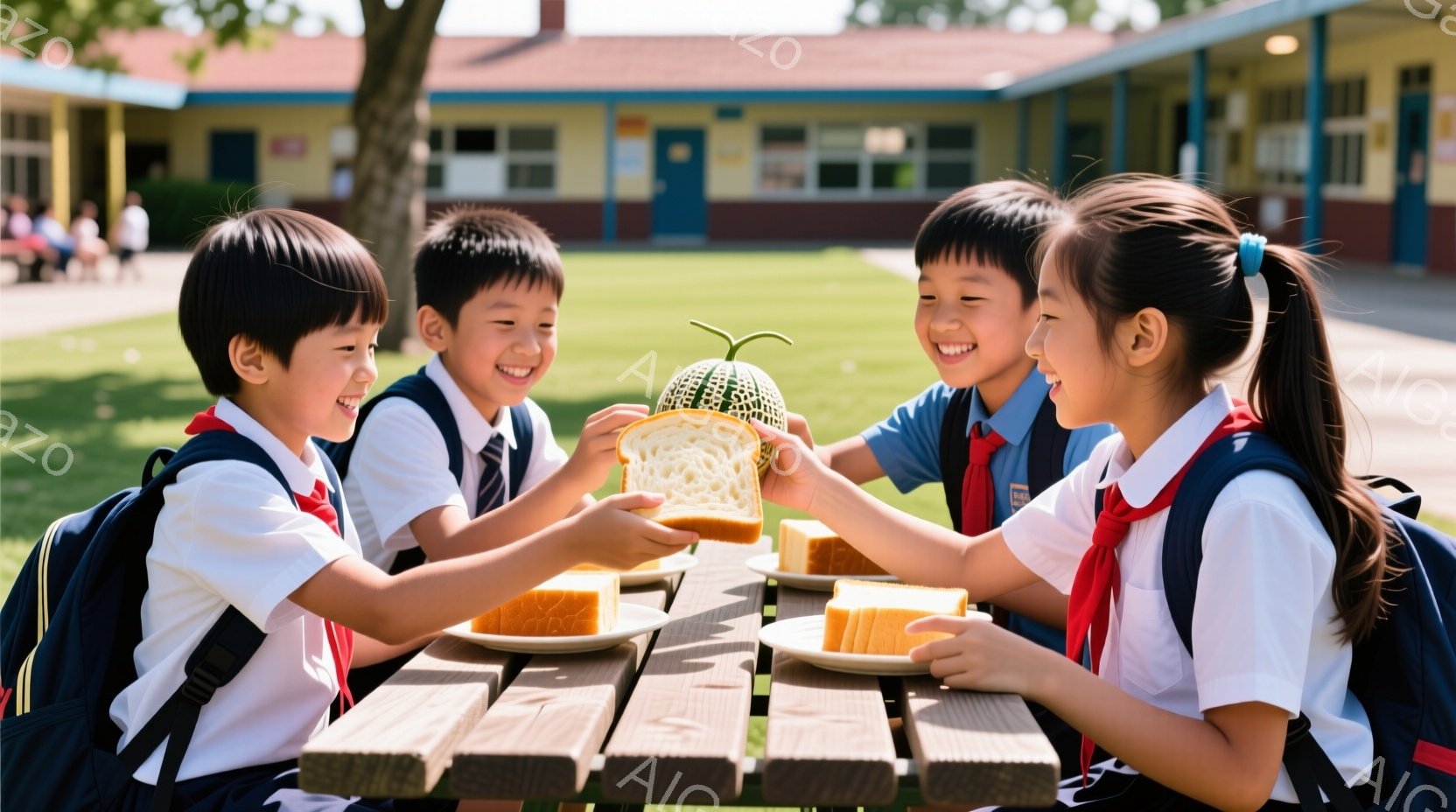 制服を着た4人の子供たちがピクニックテーブルを囲んで楽しそうに食事をしている様子が写っている。子供たちは明るい笑顔を浮かべ、サンドイッチやオレンジなどを分け合っているようだ。背景には緑の芝生、木々、そして学校の建物が見え、晴天の下で穏やかな雰囲気が漂っている。