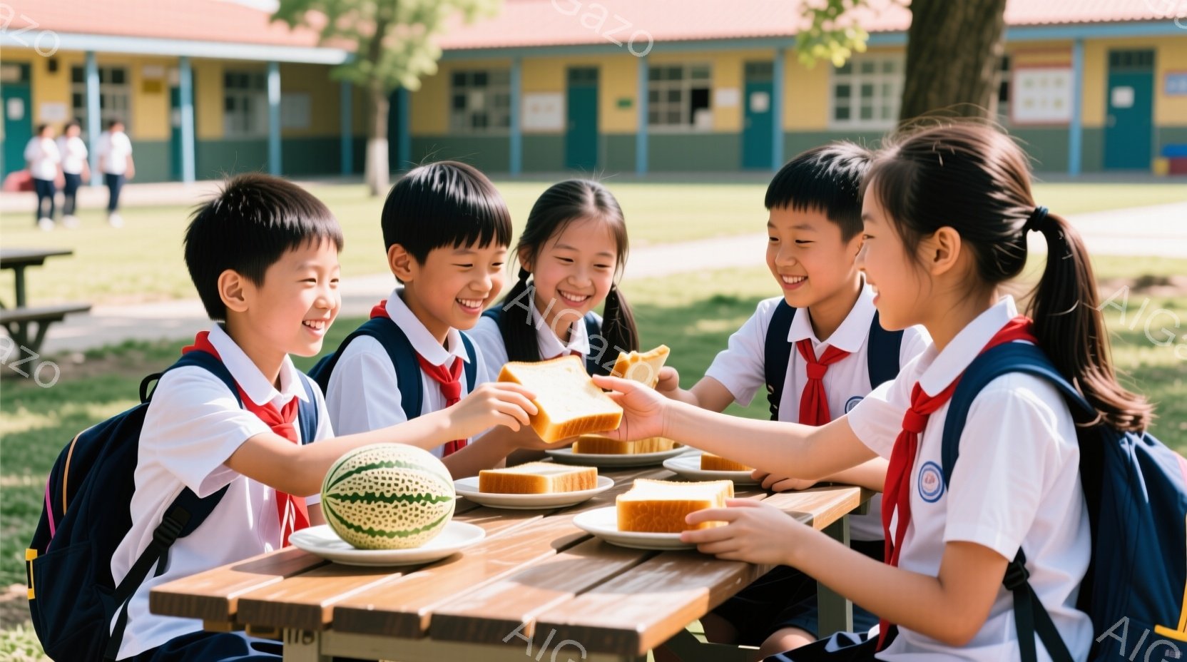 制服を着た4人の子供たちが、屋外のテーブルを囲んで楽しそうに食事をしている様子が写っている。子供たちは白いシャツに濃い色のズボンまたはスカートを着用し、赤いネクタイと白い靴を履いている。背景には、木々 - AI生成フリー素材