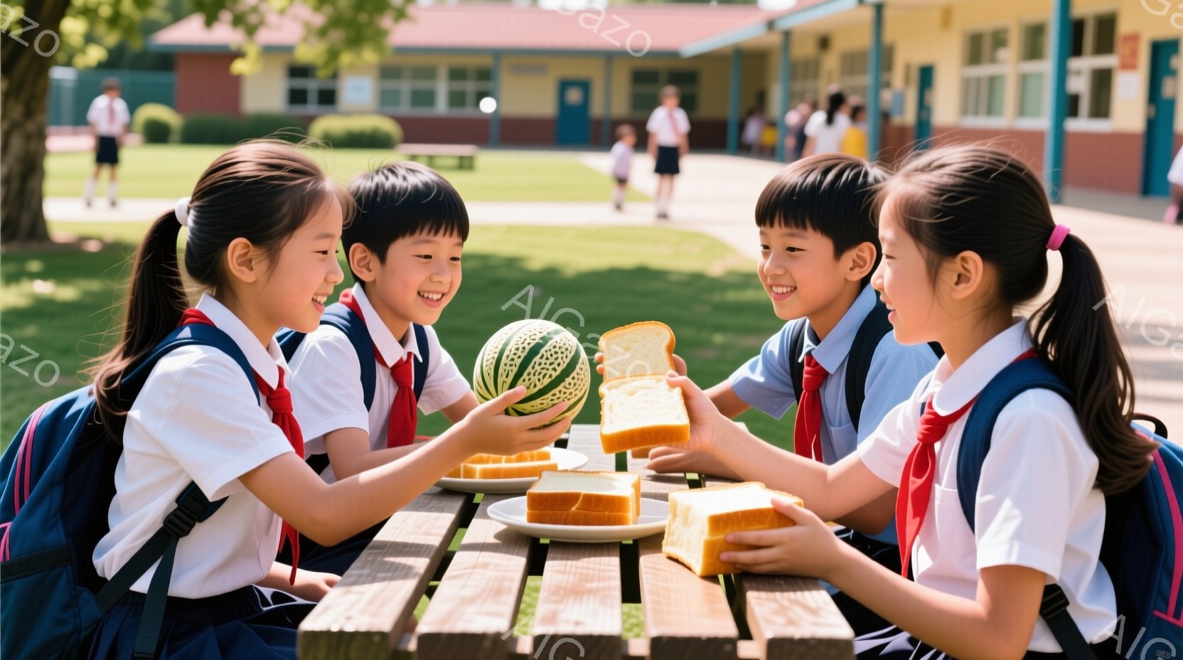 二人の男の子と二人の女の子が、学校の屋外のベンチに座って食事をしている様子が写っている。子供たちは皆、白いシャツに紺色のネクタイ、紺色のズボンまたはスカートという制服を着ており、黒髪で笑顔を見せている。背景には学校の建物と緑の芝生が見え、晴れた日の穏やかな雰囲気を感じさせる。