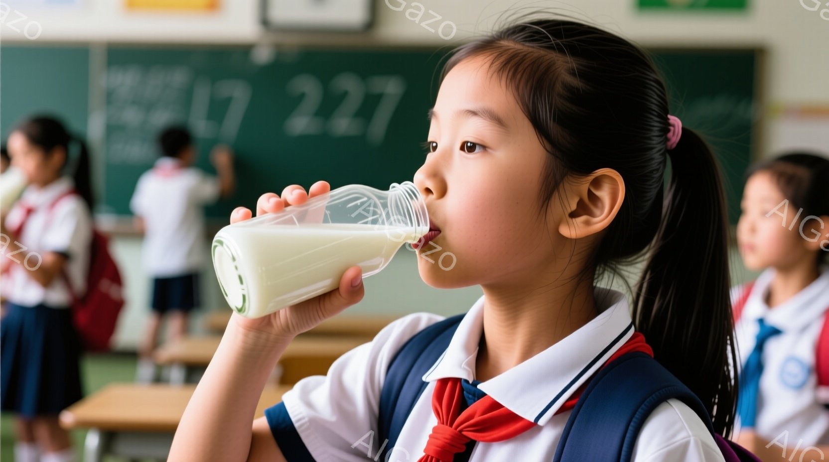 茶髪の少女が、学校の教室で牛乳を飲んでいます。彼女は紺色の制服と赤いネクタイを着用し、髪をポニーテールにしています。教室には他の生徒たちもおり、少しぼやけていますが、机と椅子が並んでいます。
