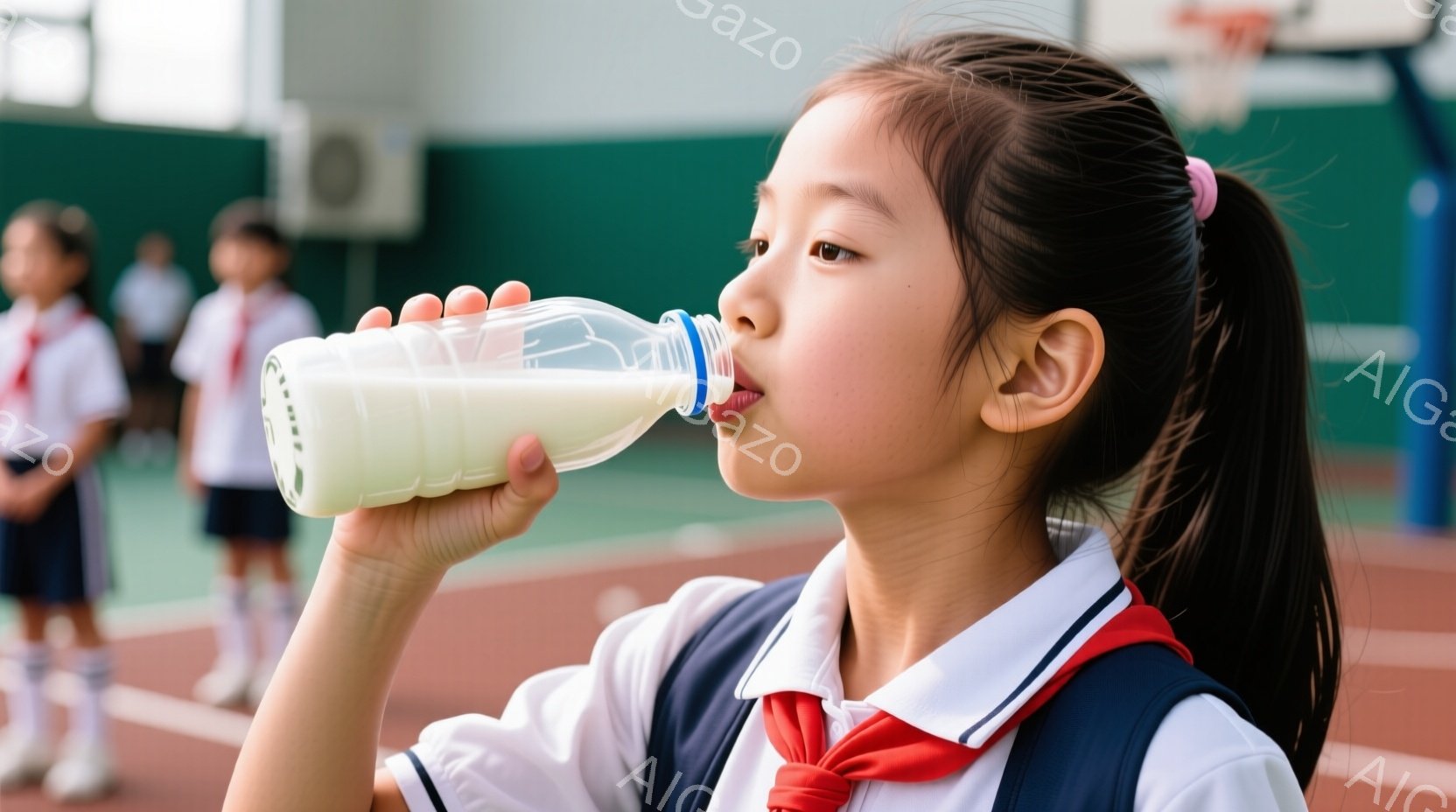 茶髪の少女が、学校のユニフォームを着て、ペットボトルに入った白い液体を飲んでいます。彼女は髪をポニーテールにし、少し顔を傾けて飲み物に集中しており、背景には他の生徒たちが体育館のような場所でぼんやりと見えます。全体的に、学校での休憩時間や活動の一コマを切り取った、活気のある雰囲気です。