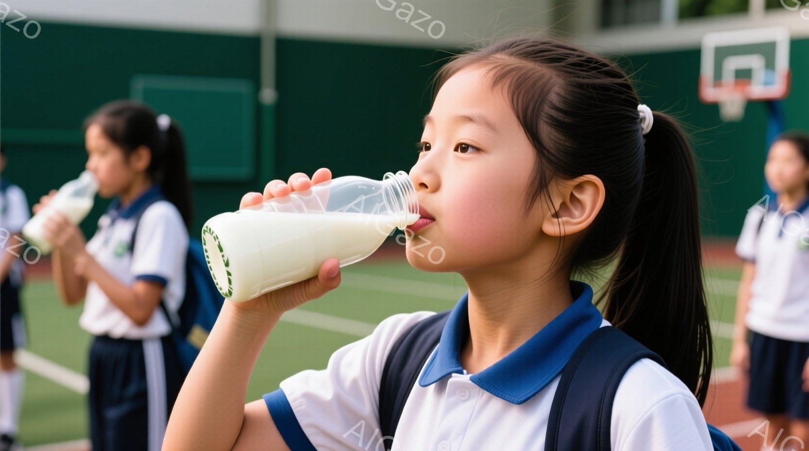 女子は制服姿で、ポニーテールにしています。彼女は白いペットボトルに入ったミルクを飲んでおり、真剣な表情をしています。背景は緑色のコートで、他の生徒たちも同じようにミルクを飲んでいるようです。